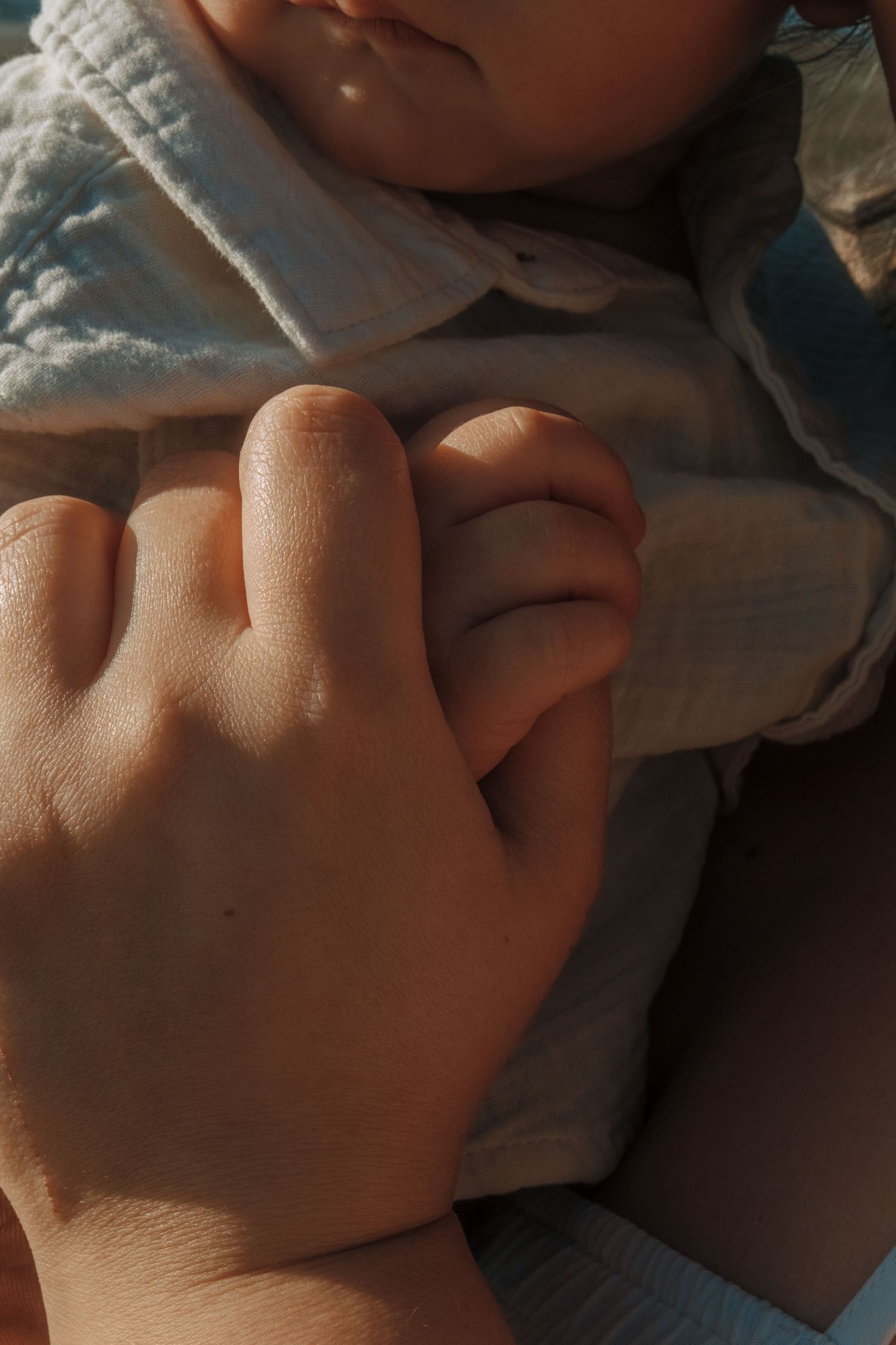 Close-up shot of small child's hands in soft natural lighting.