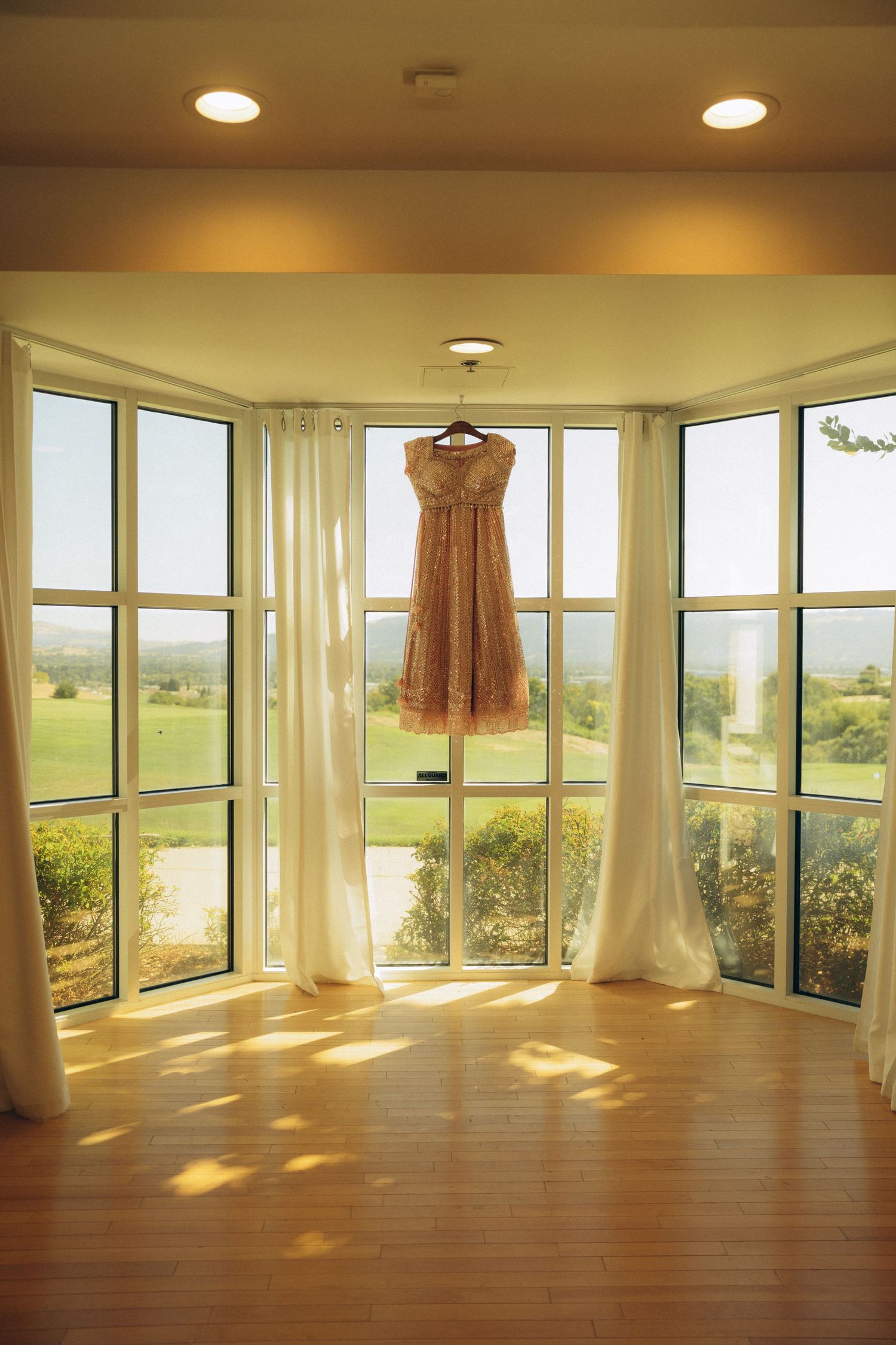 A golden dress hanging on a hanger in a sunlit bay window room with hardwood floors and scenic outdoor views.