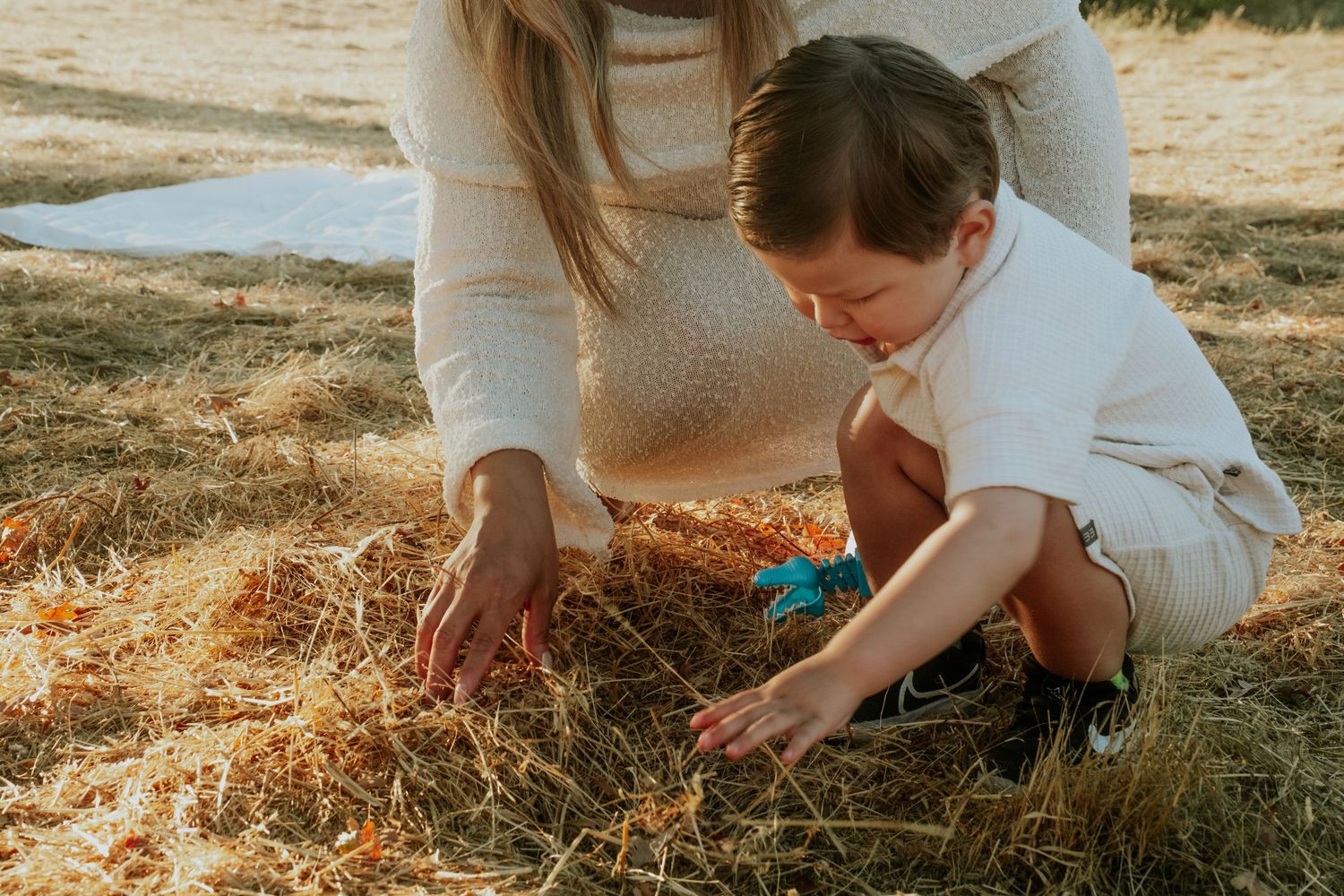 A close-up view of hands reaching down to touch grass and soil in golden sunlight.