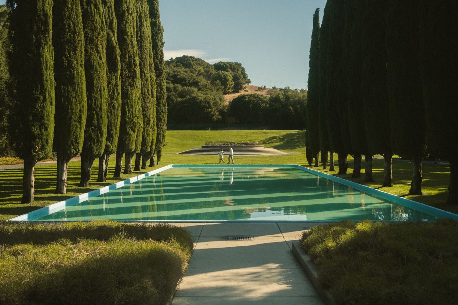 A tree-lined path with a blue reflecting pool stretches into the distance.