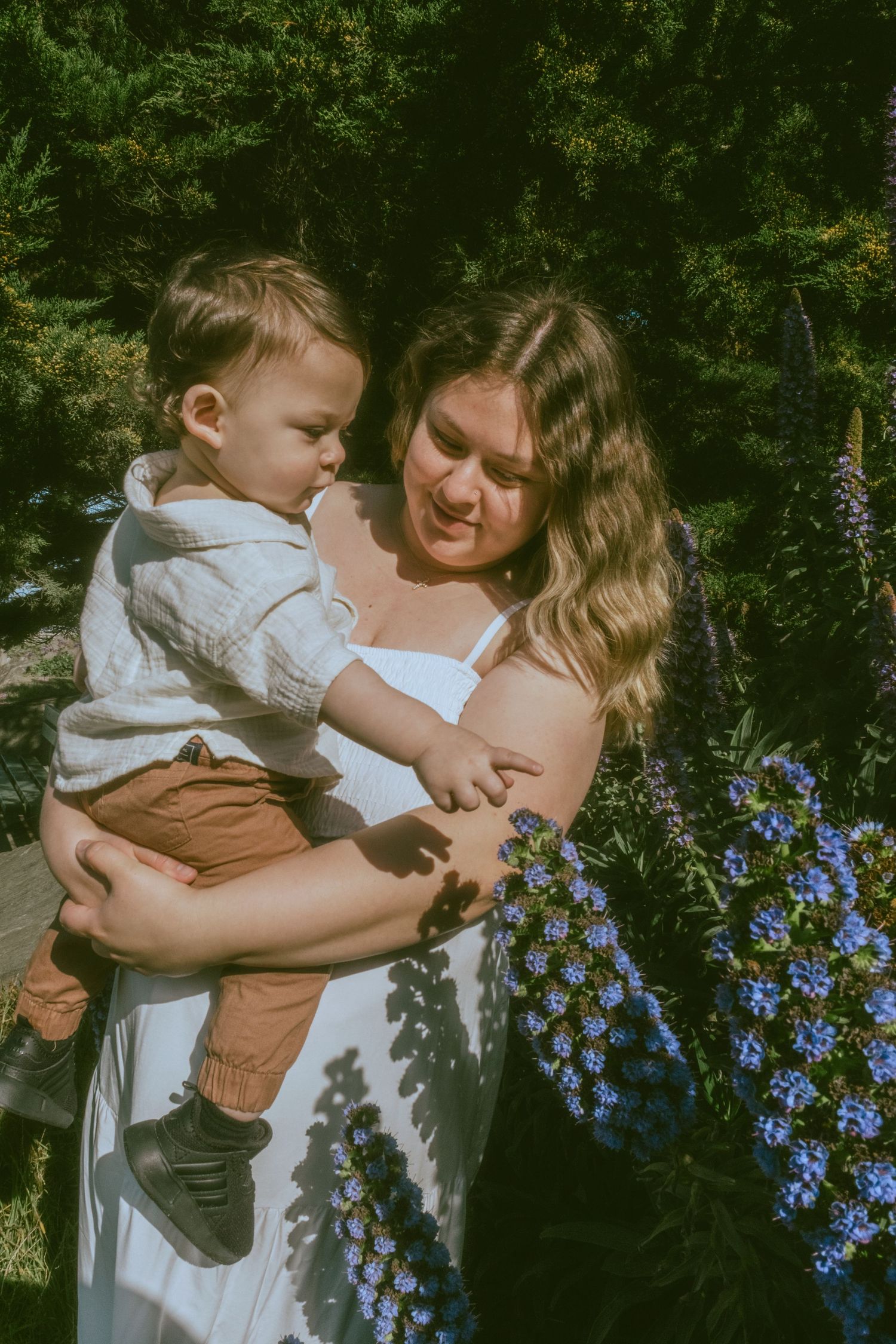 A series of intimate family moments captured among blooming blue flowers in a garden setting.