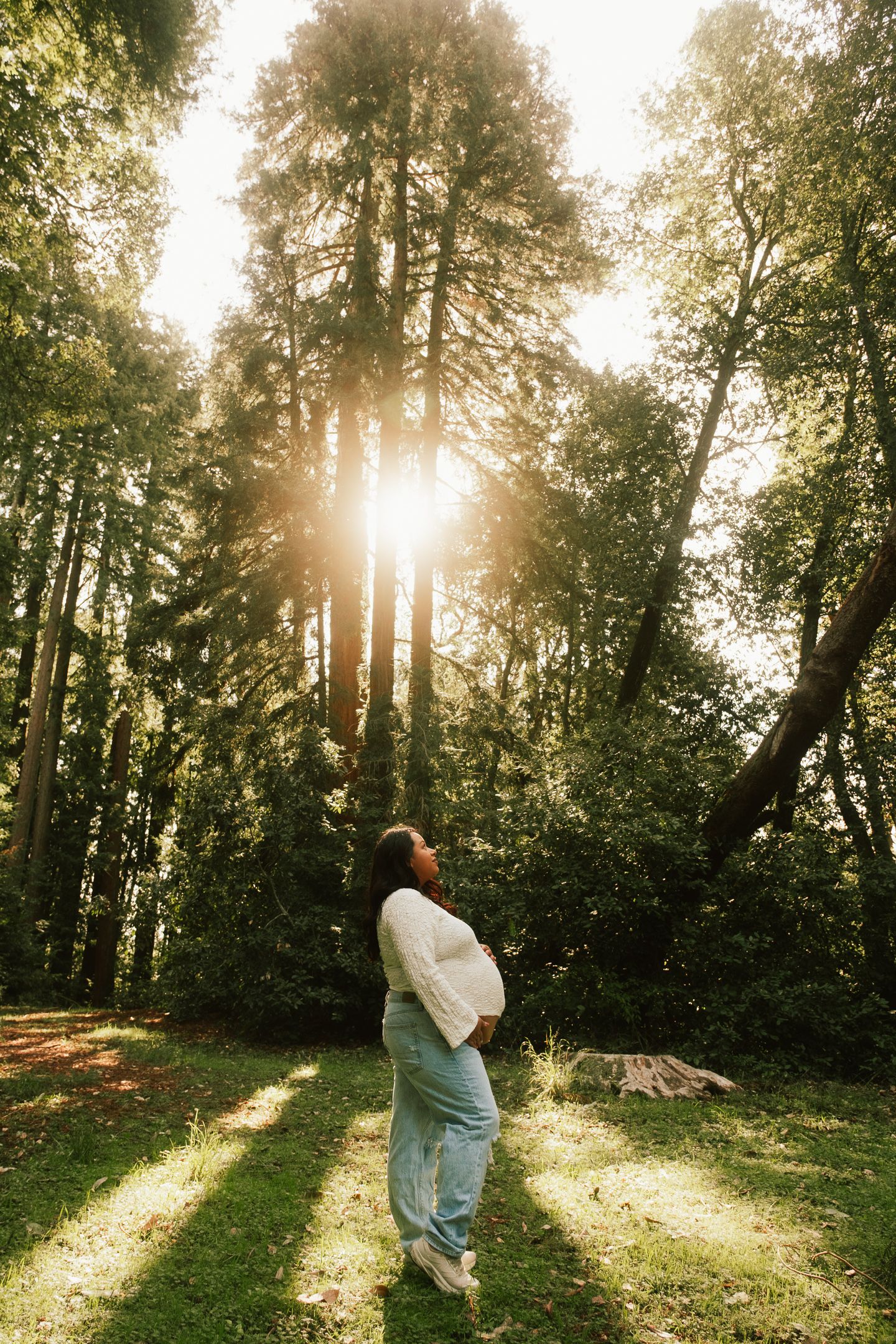 Person in white dress twirling in sunlit forest with rays streaming through trees.