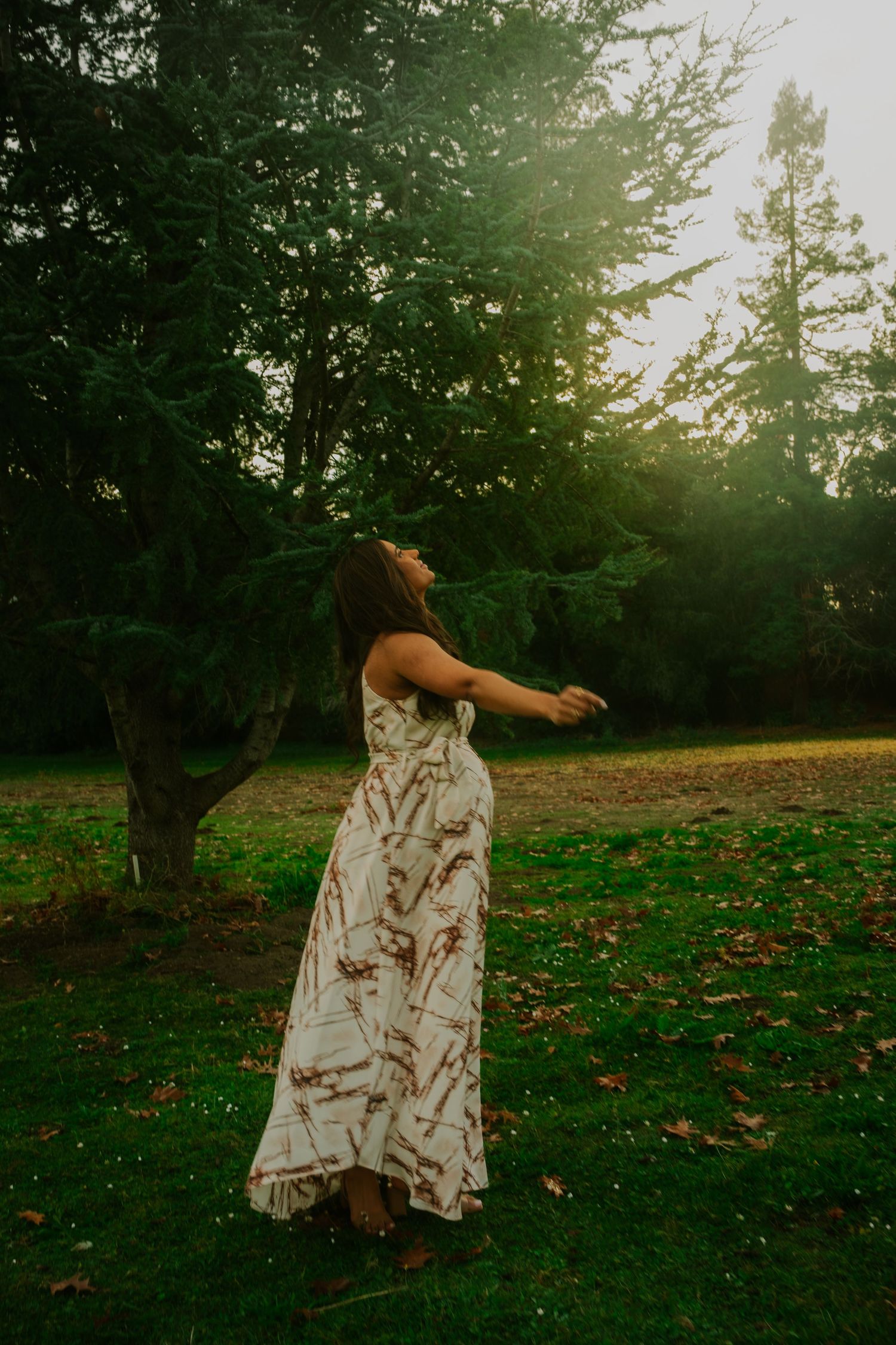 A sequence of artistic photos showing a person in a patterned dress twirling in a grassy field at sunset.