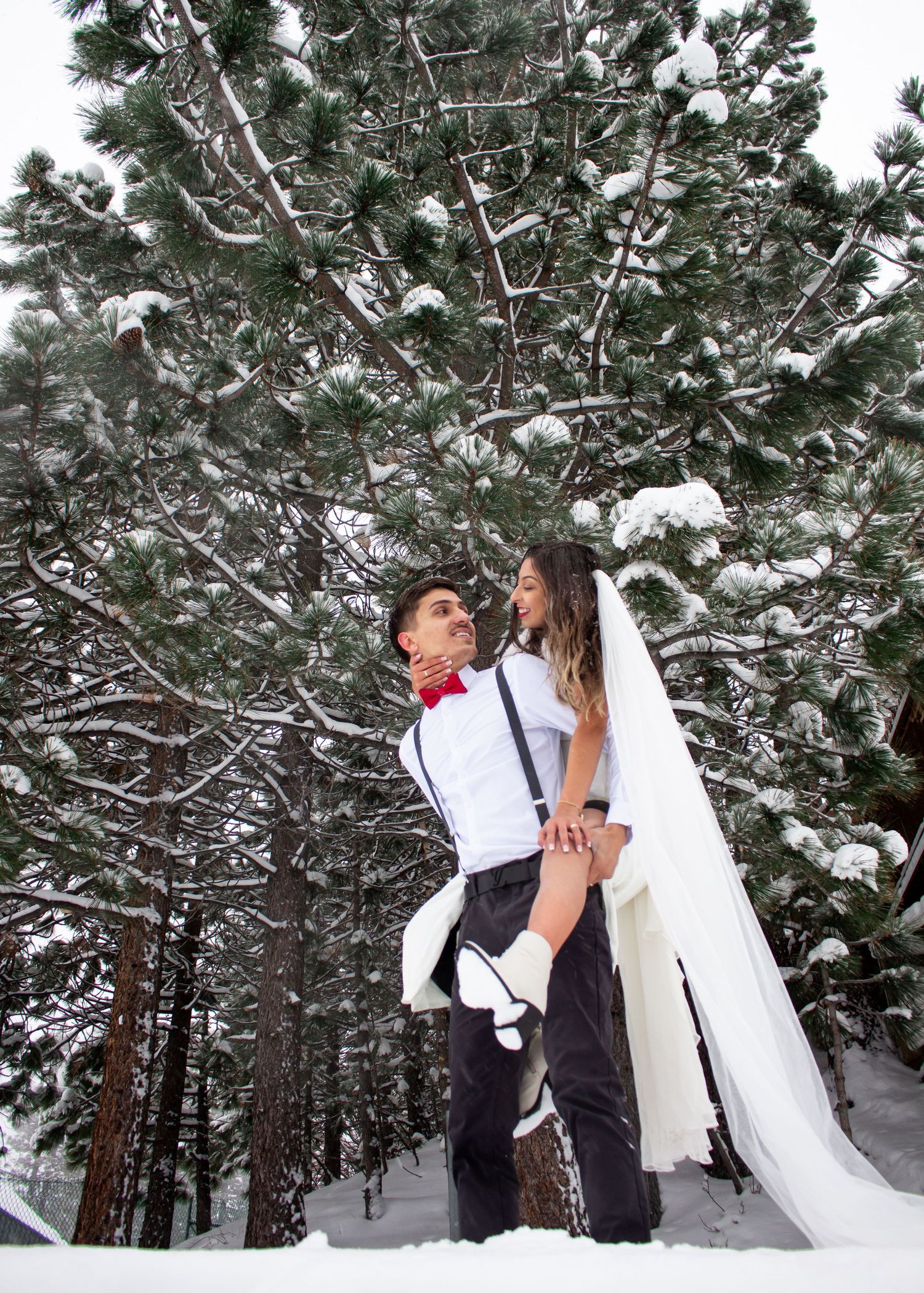 Snowy winter wedding photos with couple posing among snow-covered pine trees.