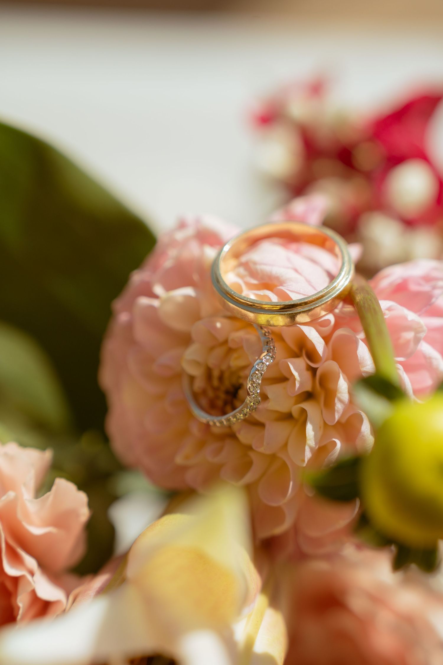 Gold wedding bands and diamond engagement ring resting on pink zinnia flowers in a bridal bouquet.