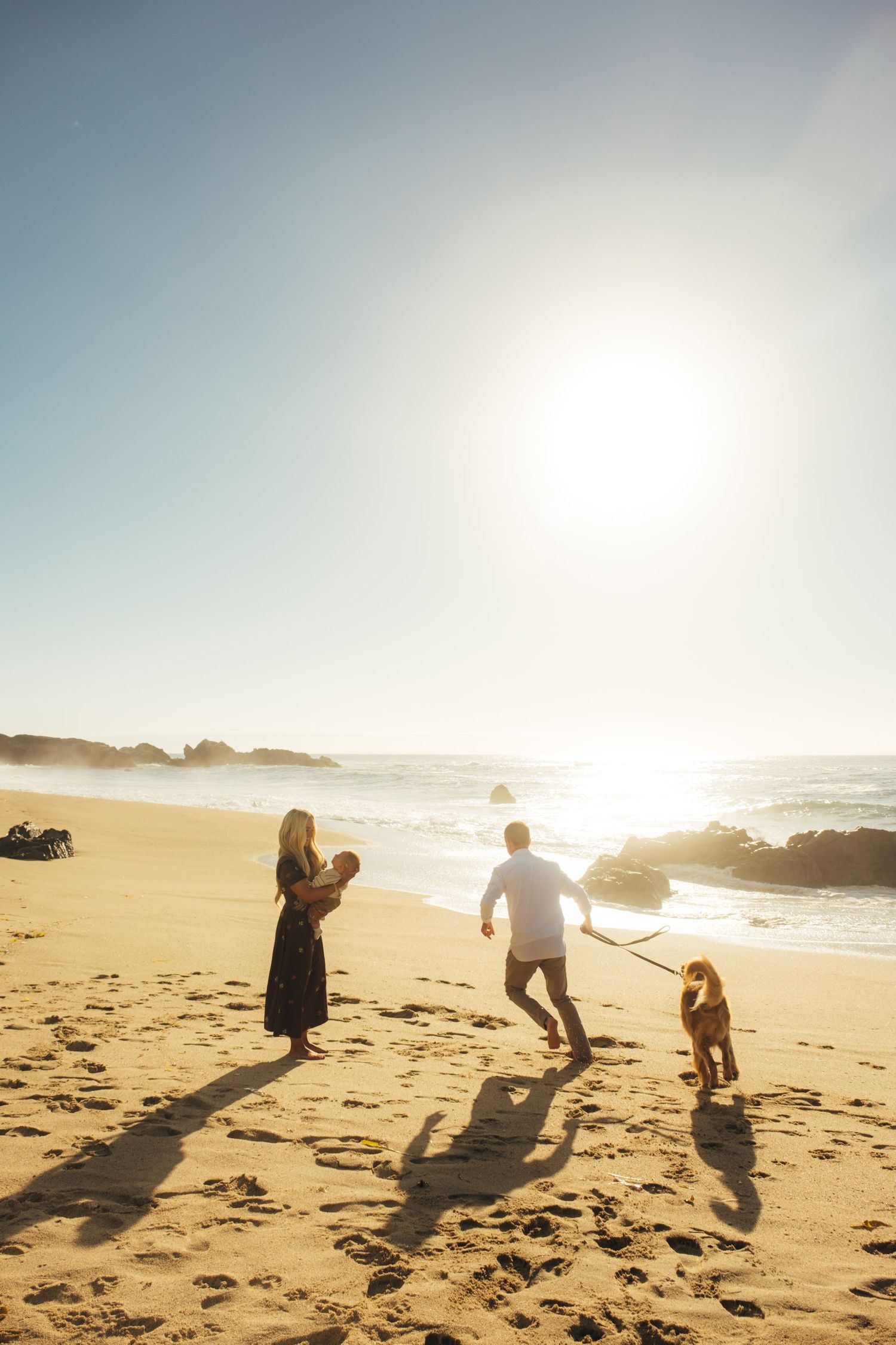 Silhouetted family plays on beach at sunset with dog running alongside.