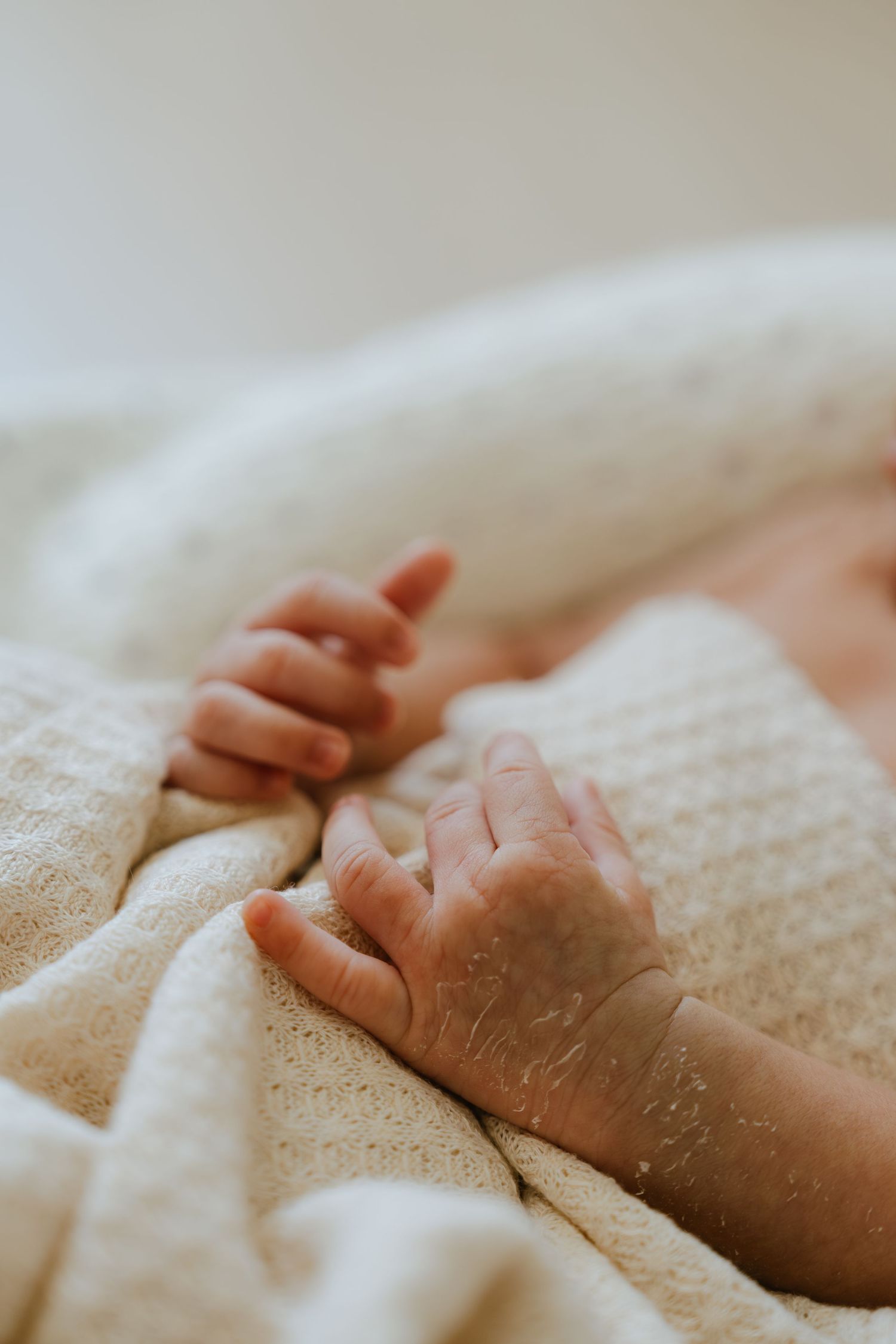 Close-up of tiny newborn baby hands resting gently on a soft white knit blanket.