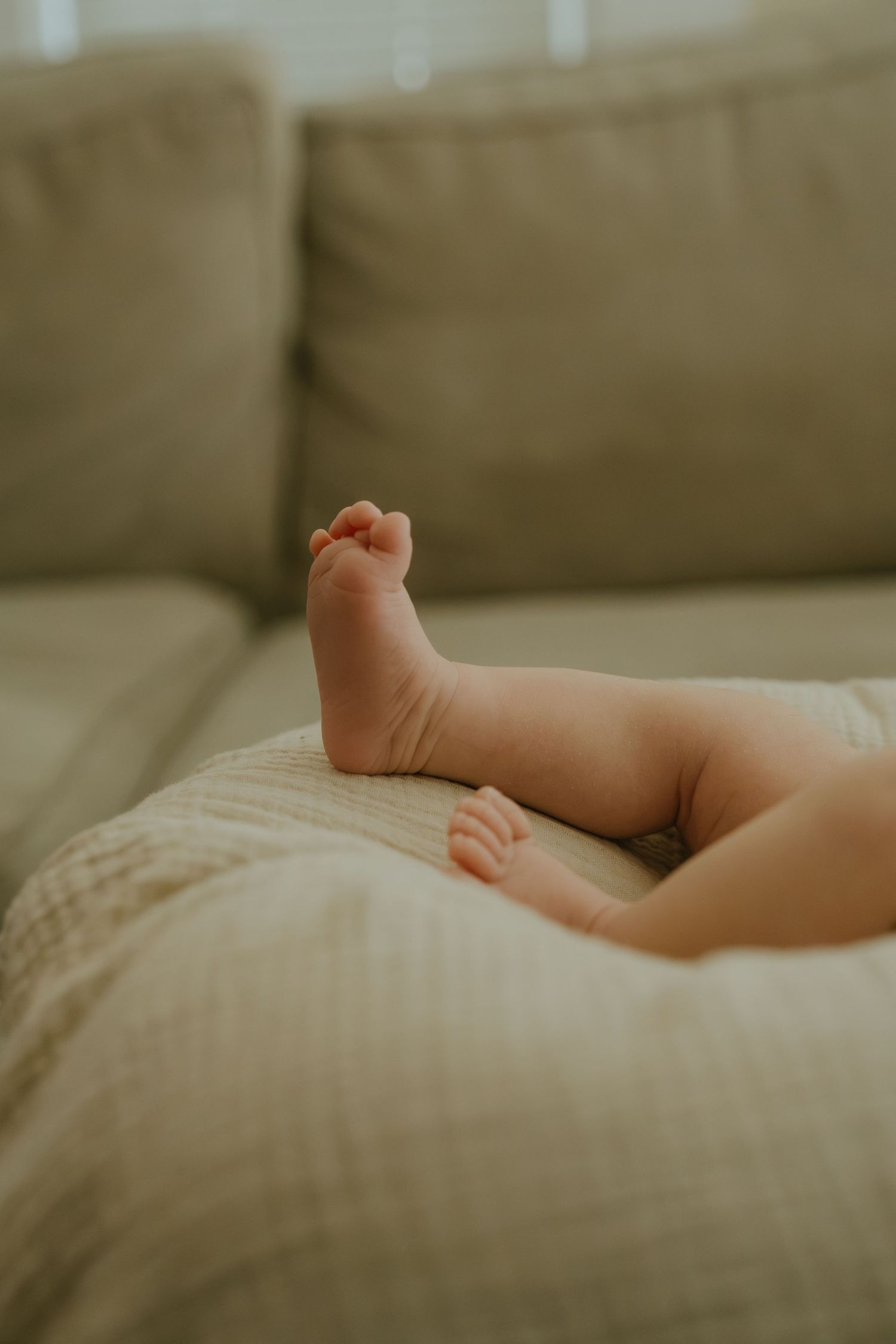 Close-up of tiny newborn baby feet and legs resting on a soft beige couch cushion.
