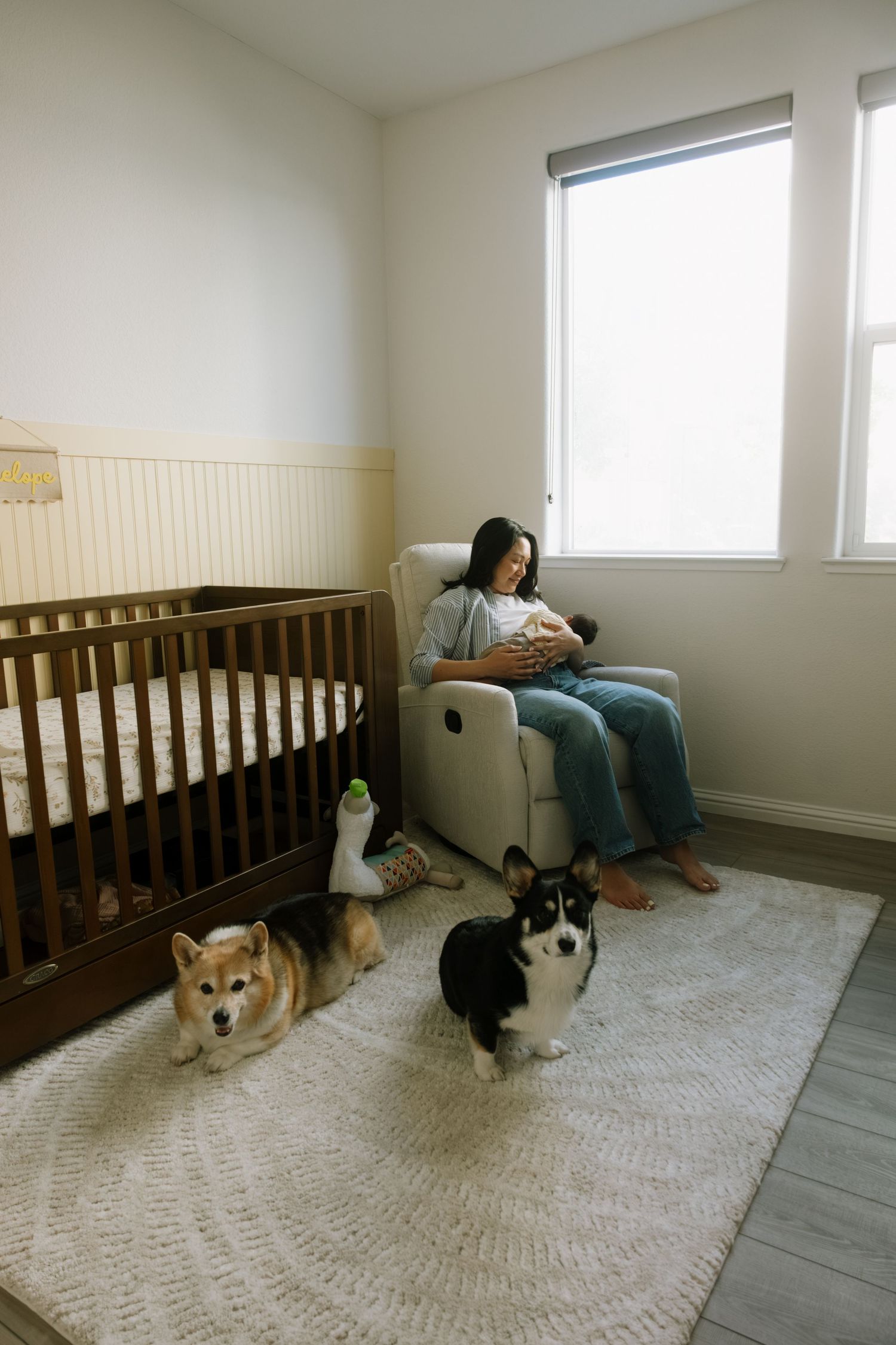 Mother sits in nursery recliner holding newborn while two Corgi dogs rest on rug beside wooden crib near bright window.