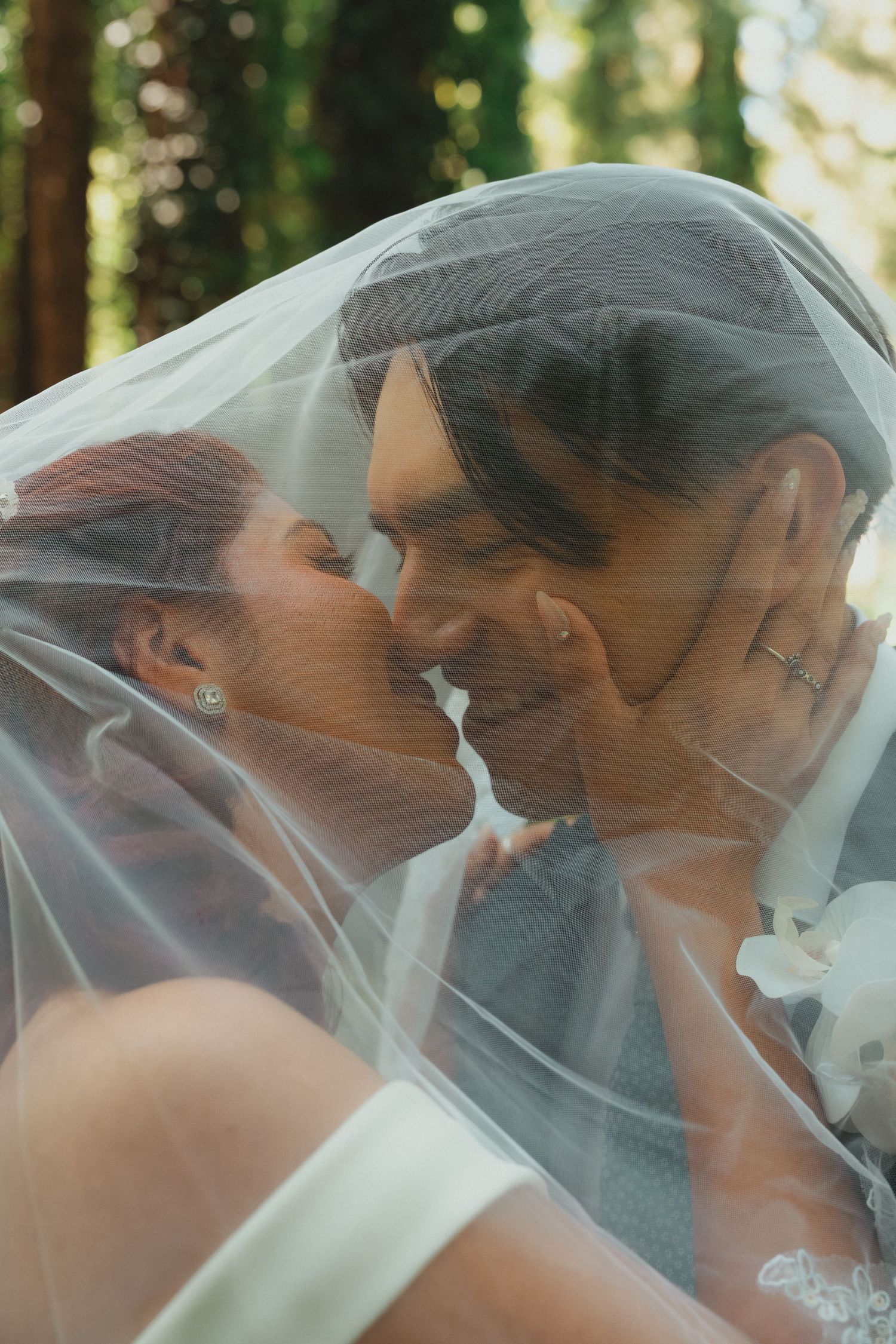 Bride and groom share a romantic kiss under a sheer wedding veil surrounded by lush greenery.
