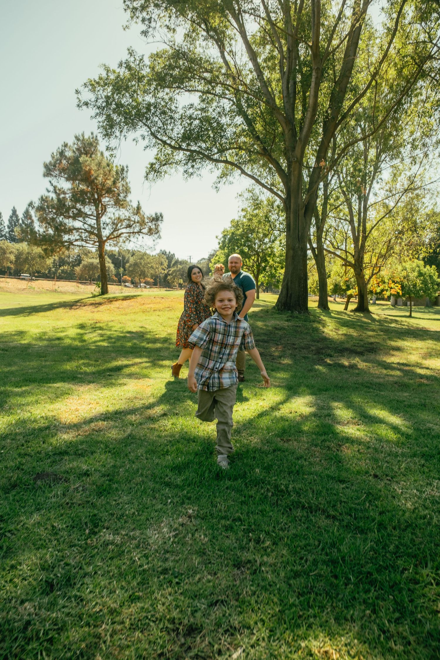 Children run through a sunlit park with tall trees casting shadows on green grass.