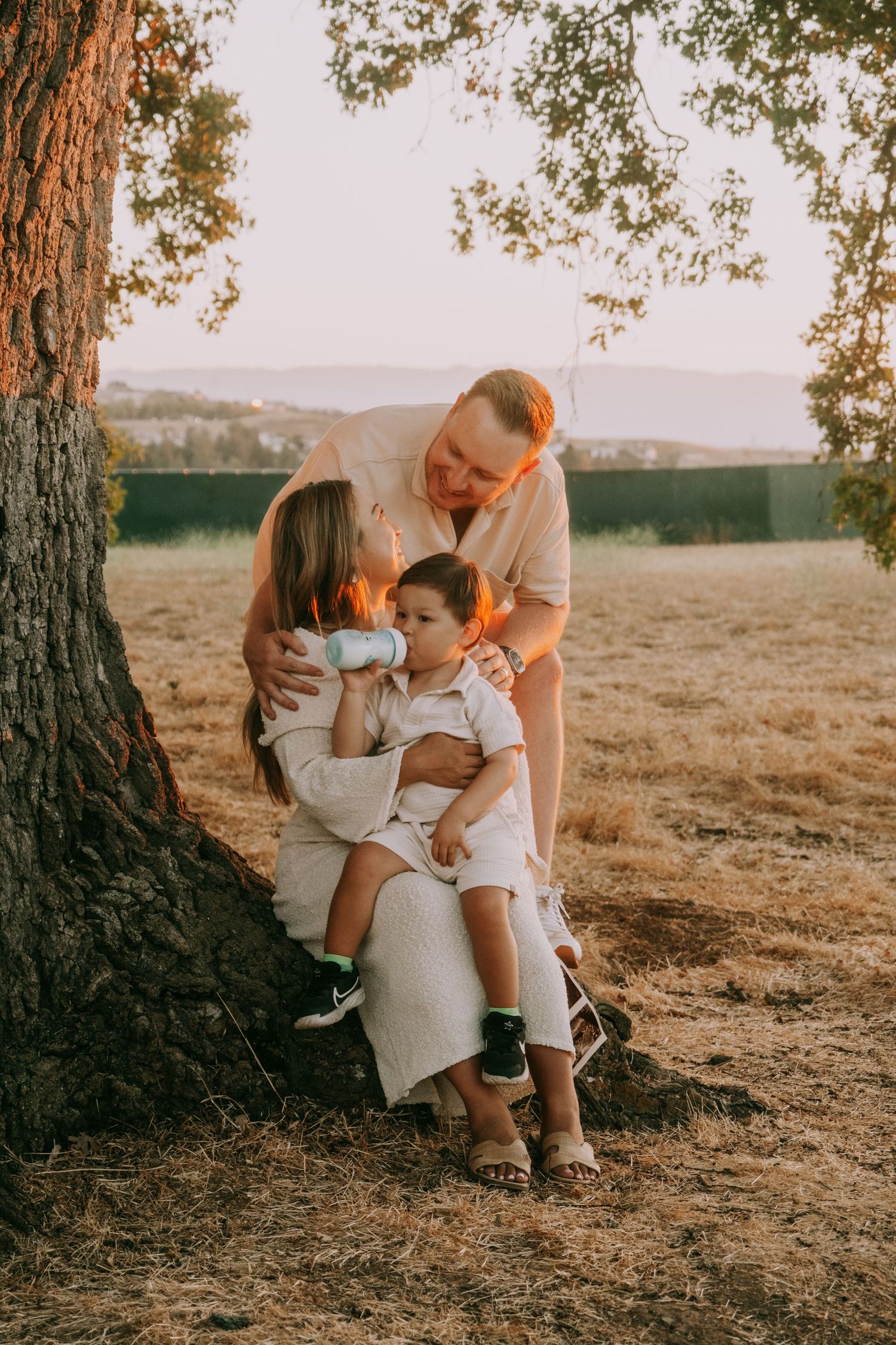 A family enjoys tender moments together under a majestic tree at sunset.