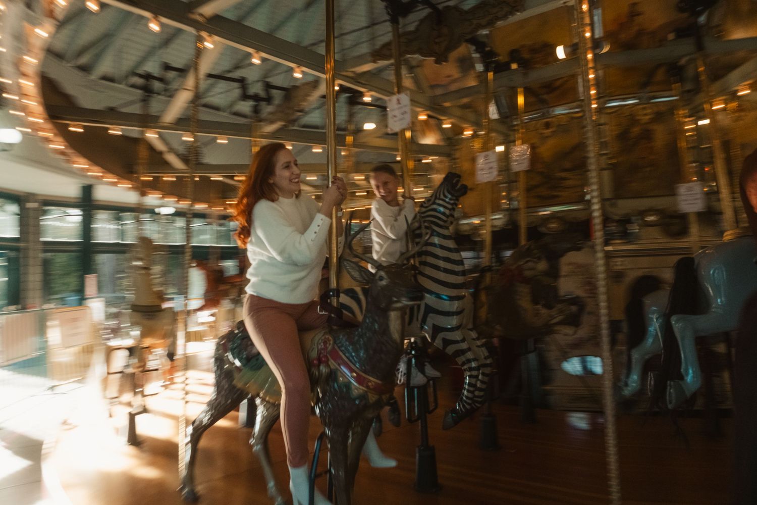 Blurry carousel lights create a magical atmosphere in an amusement park setting.