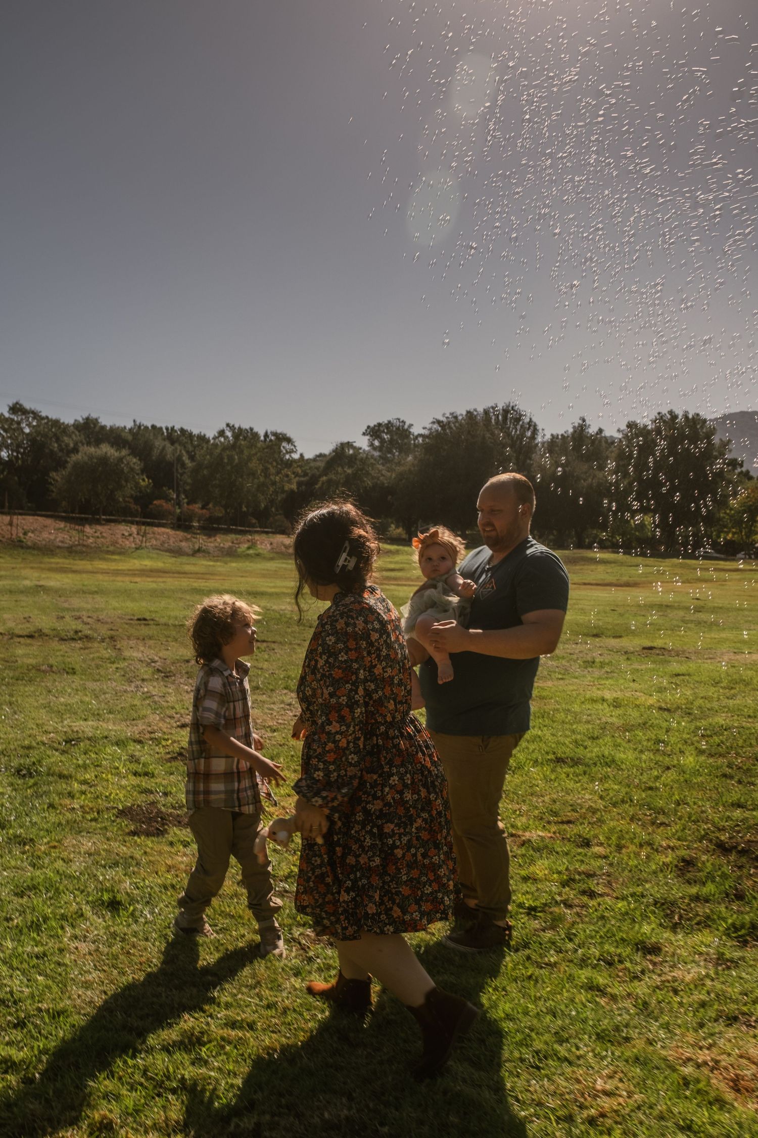 A family enjoys a golden sunset in a field with sunlight creating a magical sparkle effect.
