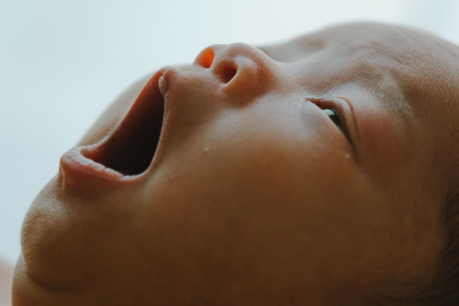 Close-up of a newborn baby with mouth wide open, appearing to cry or yawn against a light background.