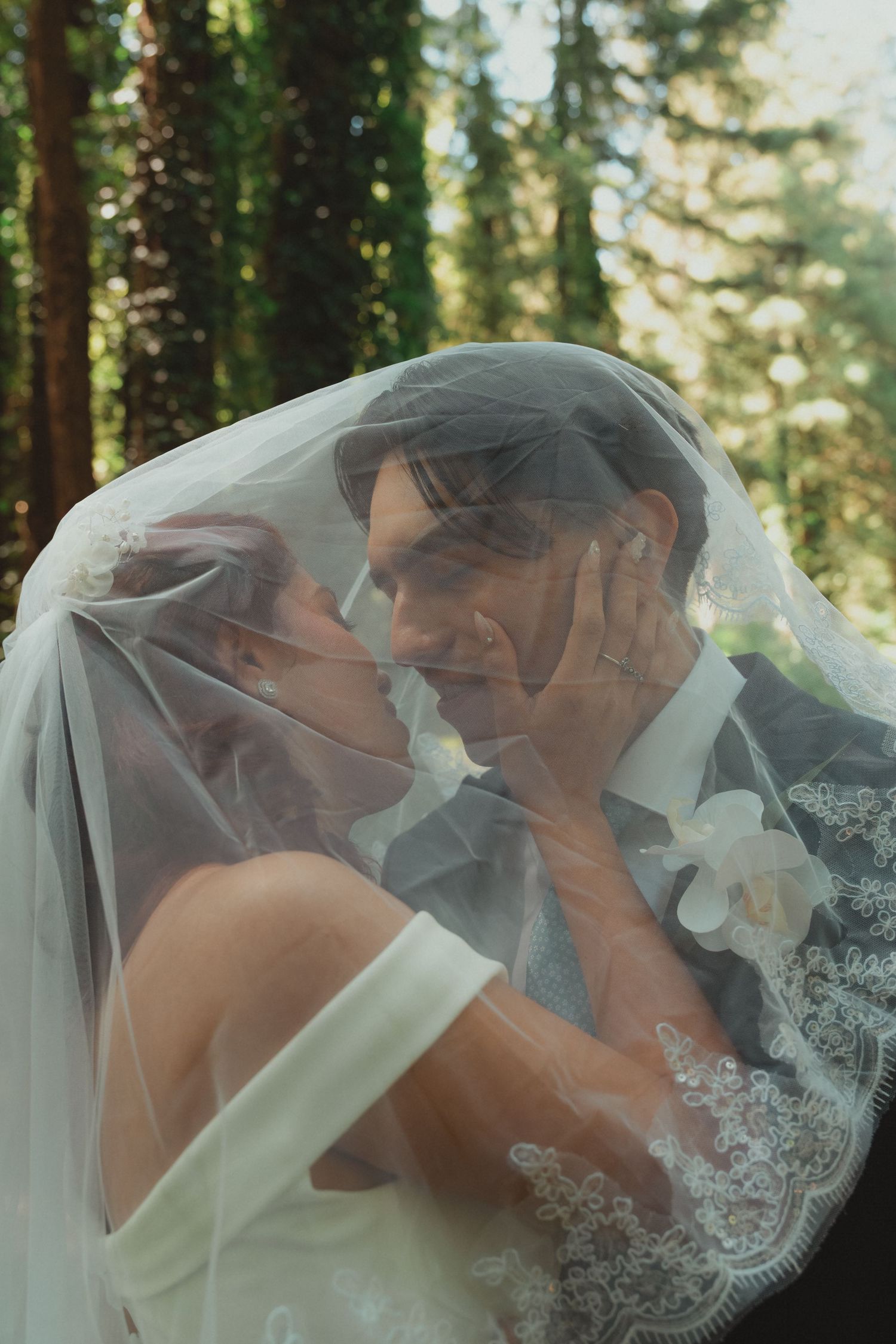 Bride and groom share a romantic kiss under a lace wedding veil surrounded by lush green forest trees.