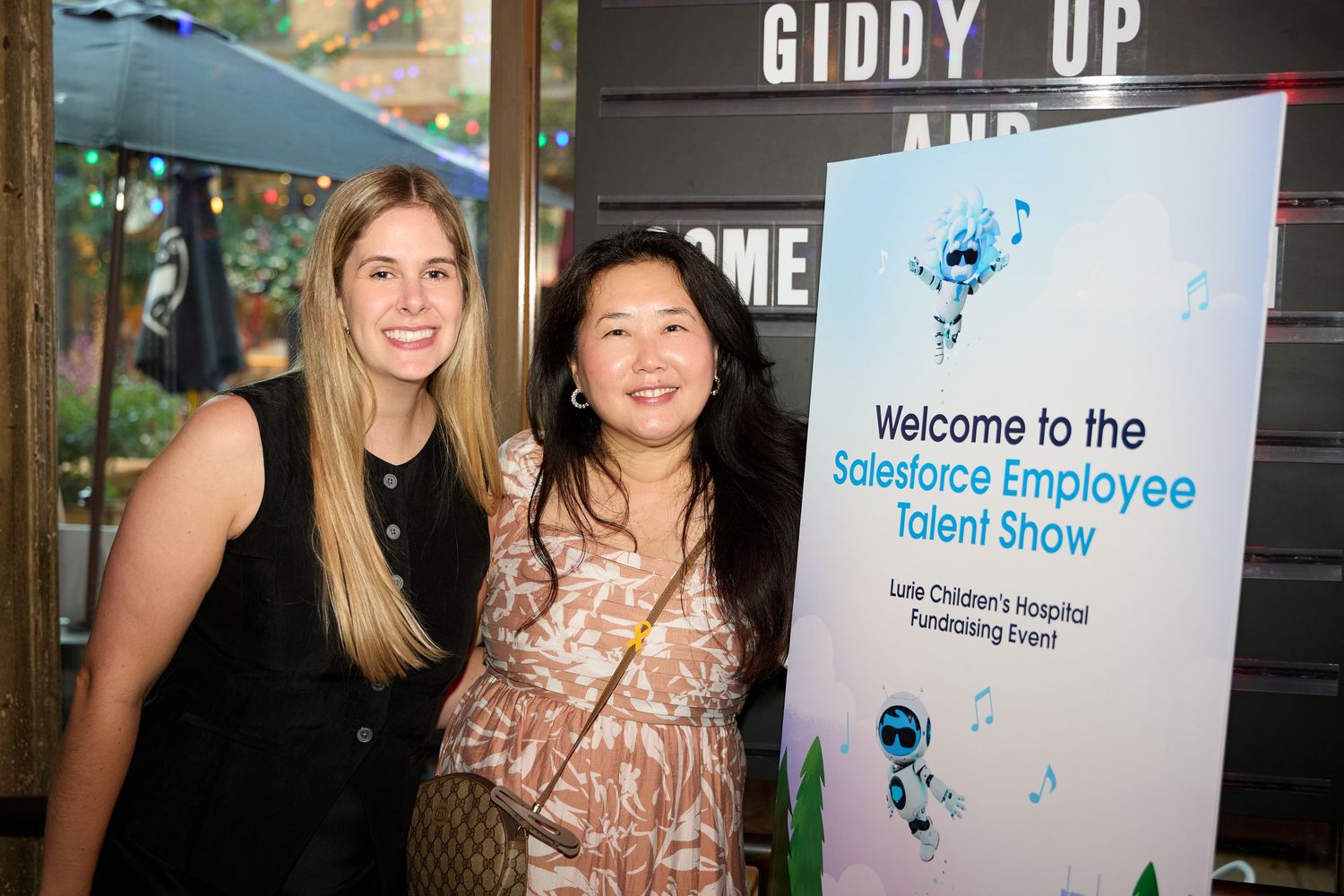 A collage of event photos showing welcome signs and decorative banners at a talent show gathering.