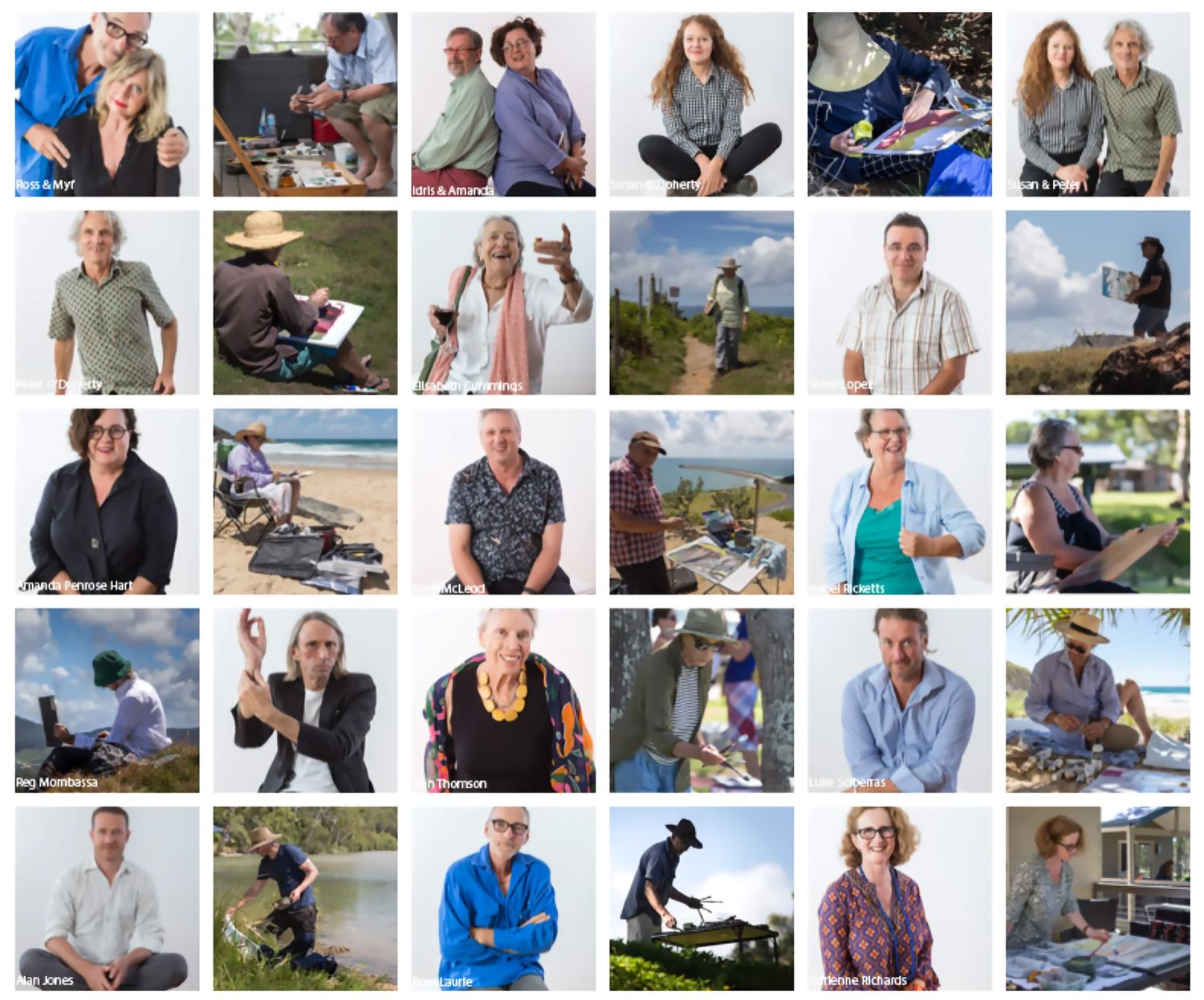 A collage of diverse adults posing outdoors and indoors, showcasing various people in casual and professional settings.