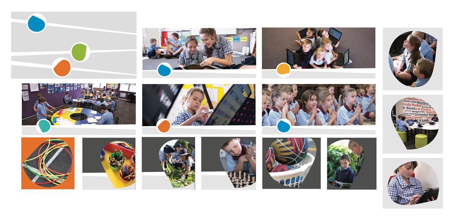 A colorful collage of students learning technology in classrooms, with vibrant images of electronics, food, and educational activities.