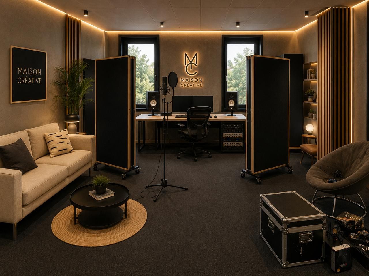 Modern recording studio with acoustic panels, monitor speakers, microphone, sofa, and neon logo sign.
