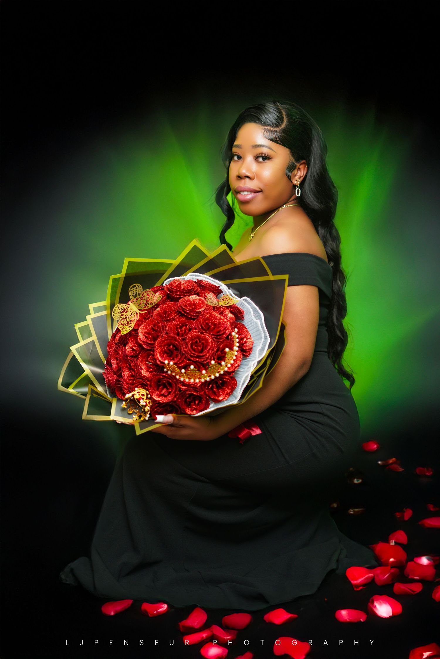 Dramatic portrait series with red roses against dark background with green lighting effects.
