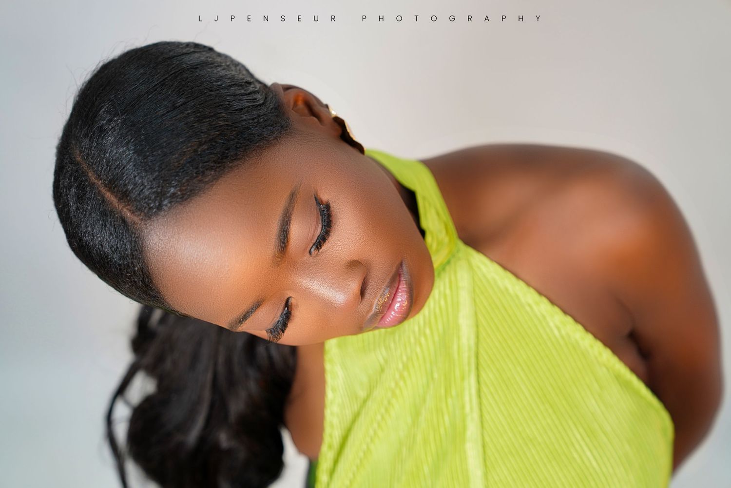 A series of fashion portraits showing a model in a neon yellow top against a neutral background.