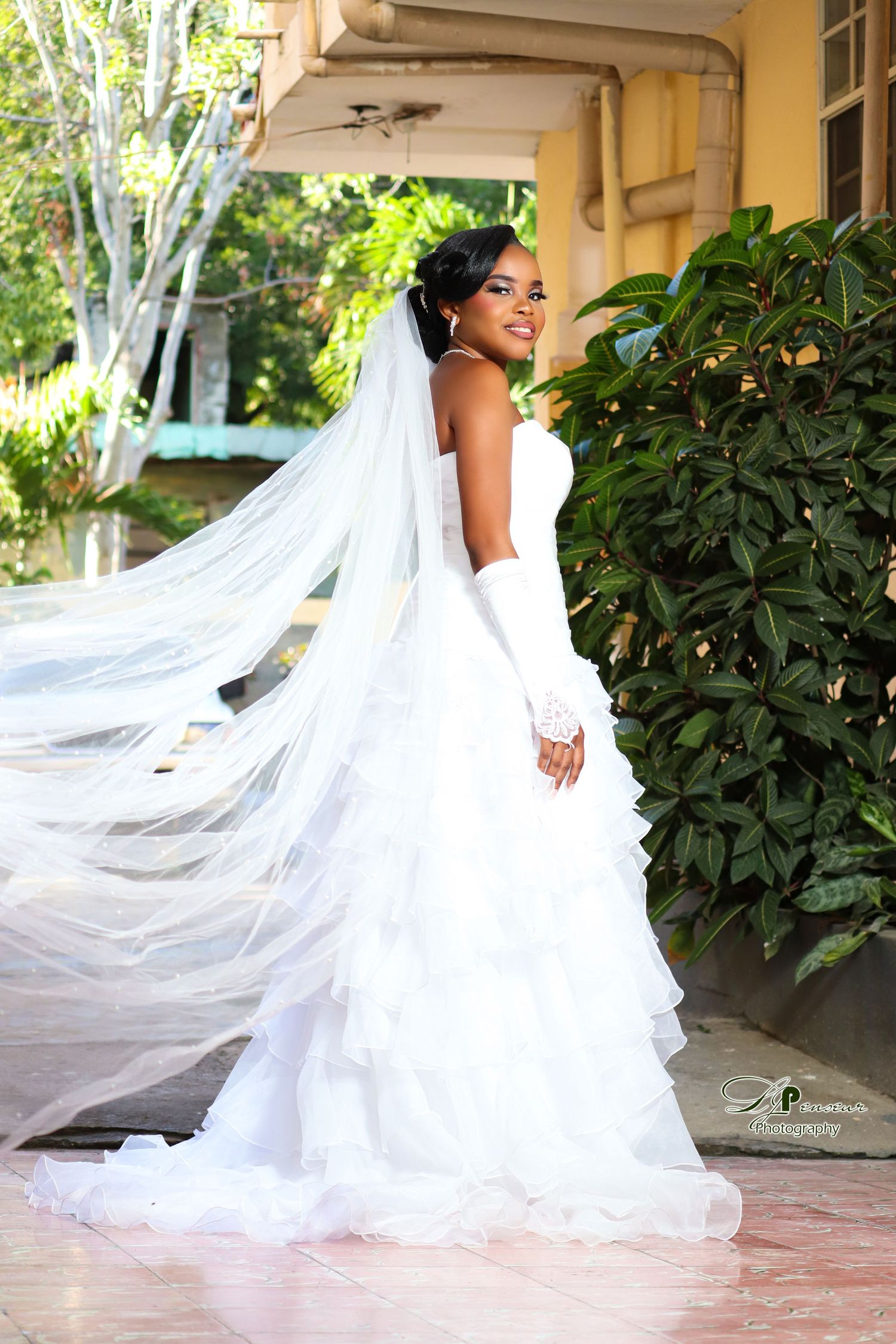 A flowing white wedding gown with a dramatic veil captured in a series of elegant outdoor poses.