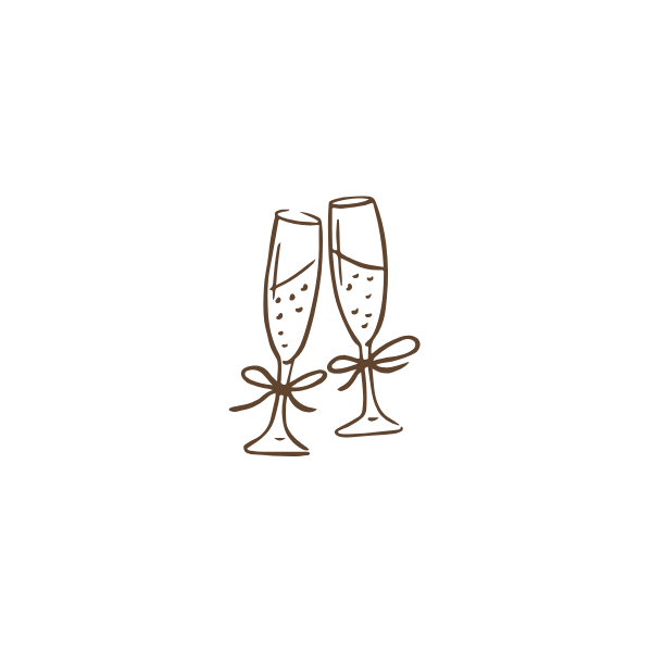 Simple line art icons of champagne glasses clinking and toasting, drawn in brown outline style.