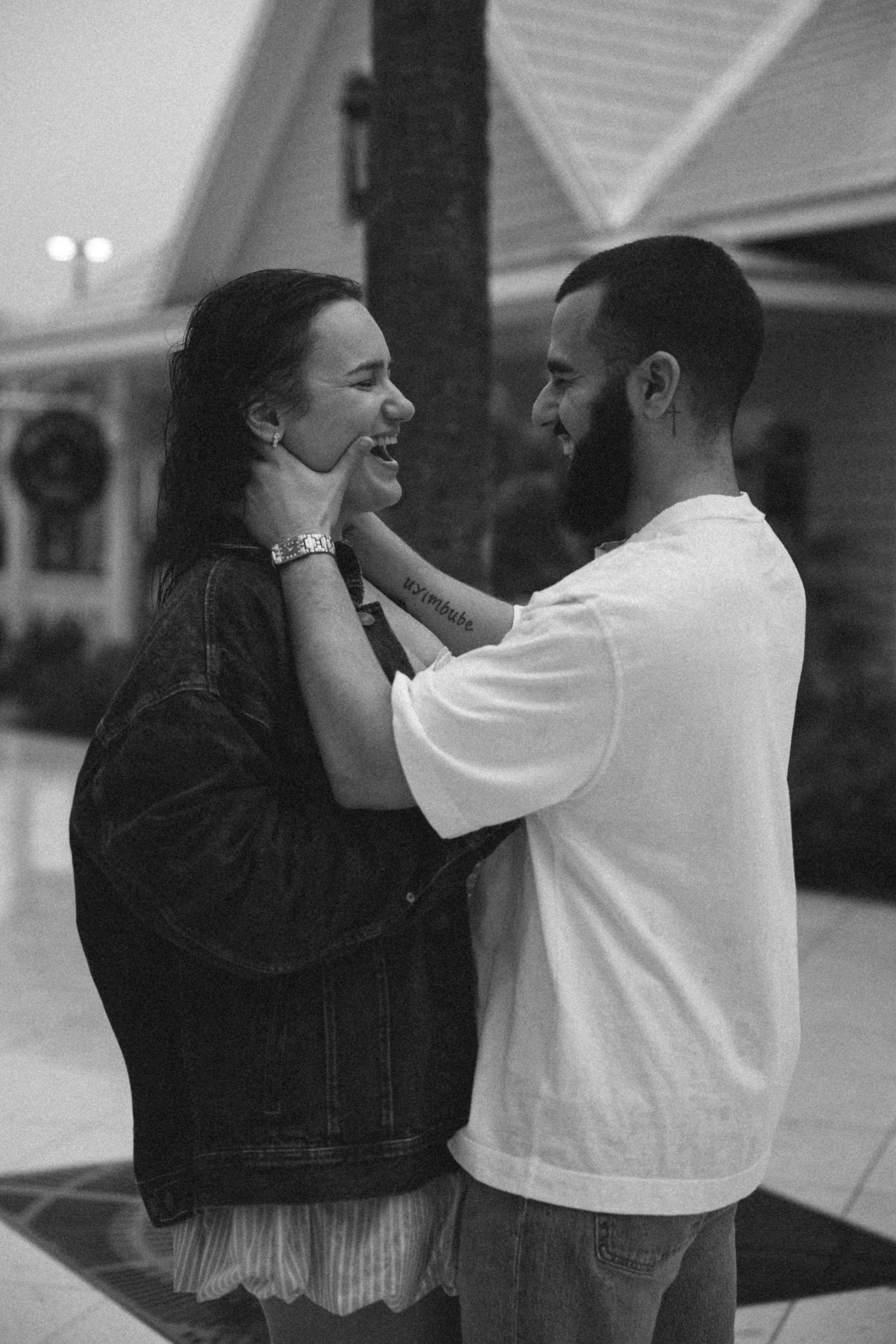 A couple in black and white sharing playful moments in a sequence of casual outdoor photos.