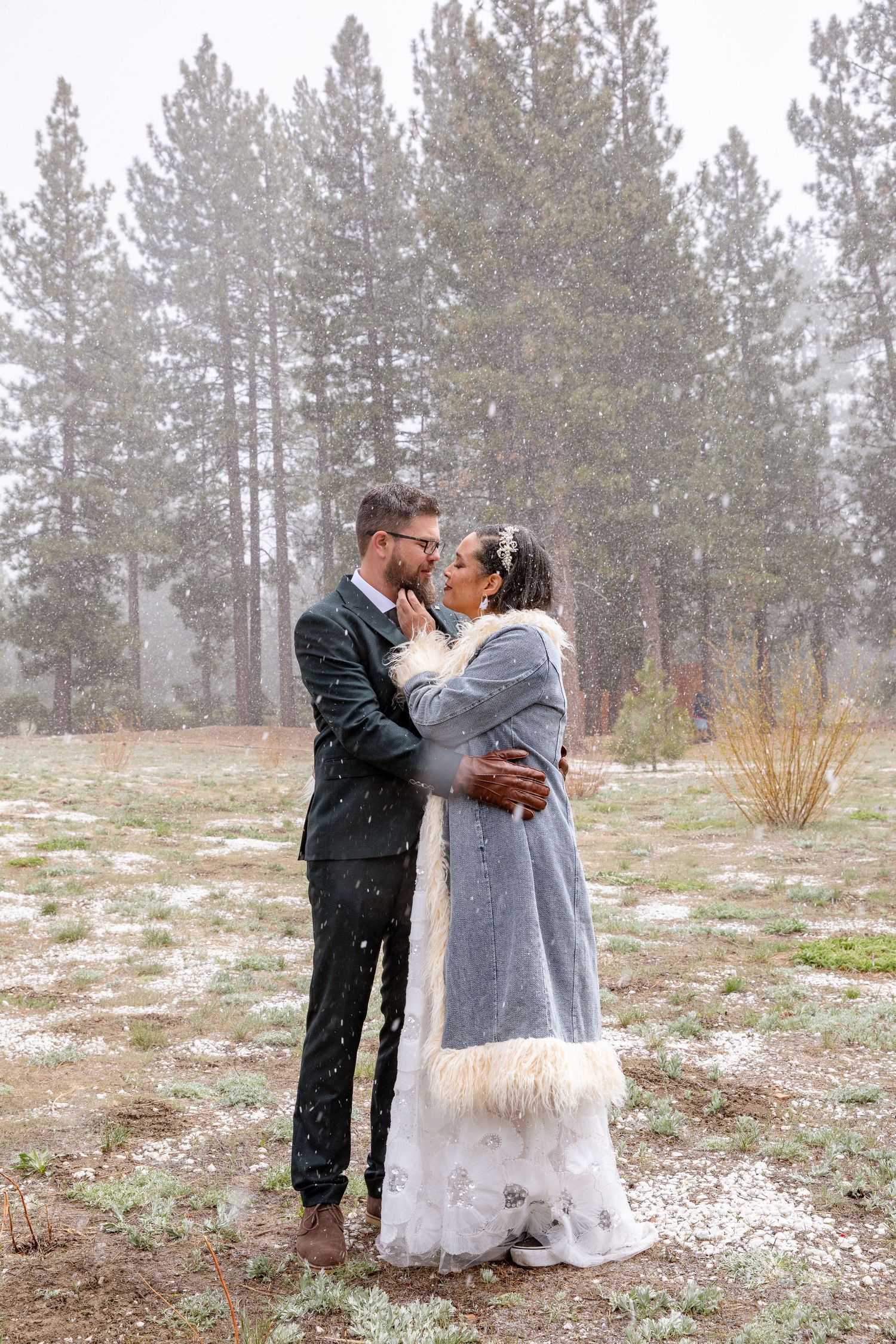 A couple embracing in a snowy winter landscape with pine trees in the background.