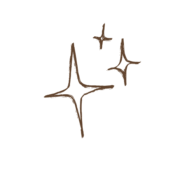 Simple hand-drawn brown sparkle or star design with three pointed shapes arranged in a decorative pattern.