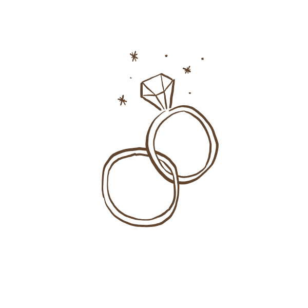 Minimalist brown line drawings of wedding rings and engagement rings arranged in a simple pattern.