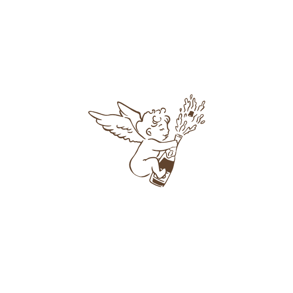 A small cherub angel with wings flying while holding a flaming torch in brown line art illustration.