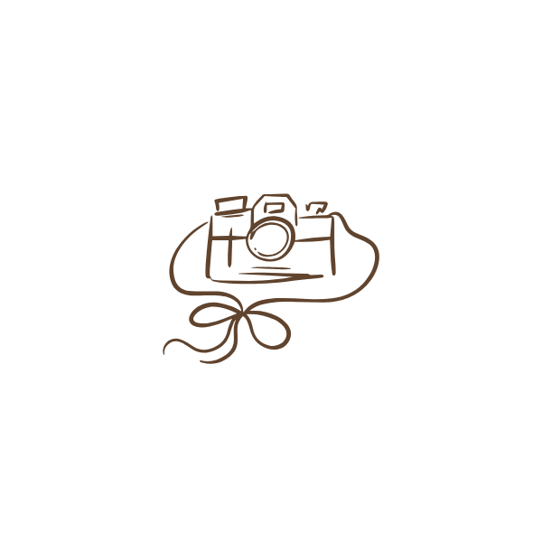 Simple line drawings of a gift box, camera, bow tie, and other decorative icons in a minimalist brown style.