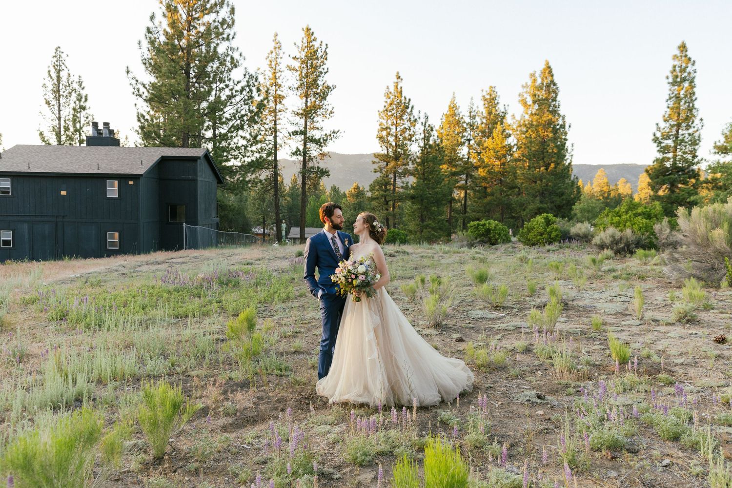 Bride and groom stand in a meadow surrounded by pine trees at golden hour, bride in a flowing tulle gown holding a bouquet.