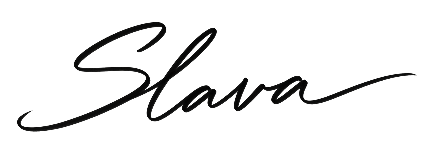 Elegant handwritten cursive signature spelling Slava in black ink on white background.