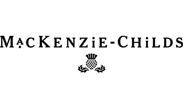 Vintage black and white Mackenzie-Childs logo design featuring elegant typography and a small crown emblem.