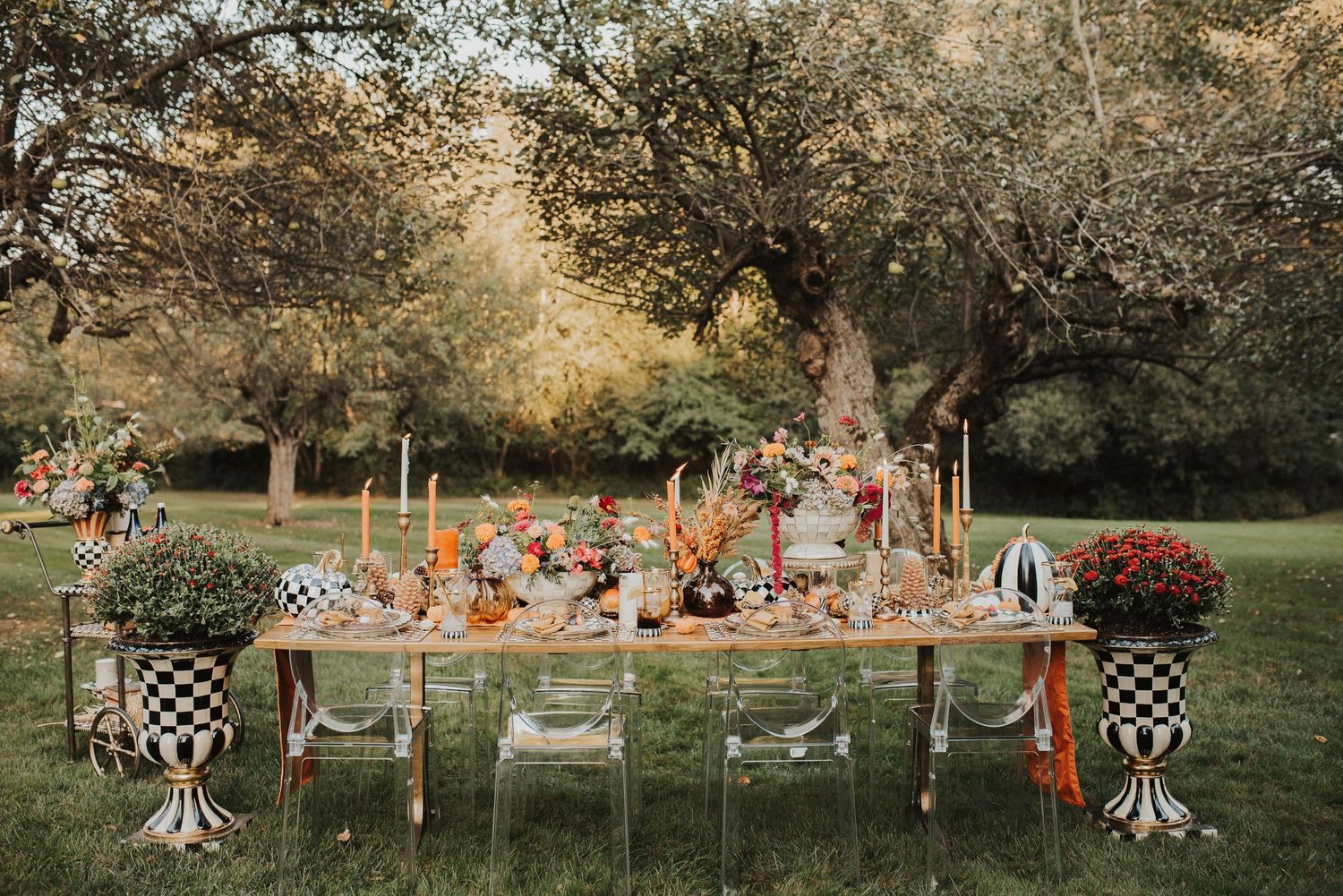 Rustic outdoor table setting with autumn decorations and string lights in garden.