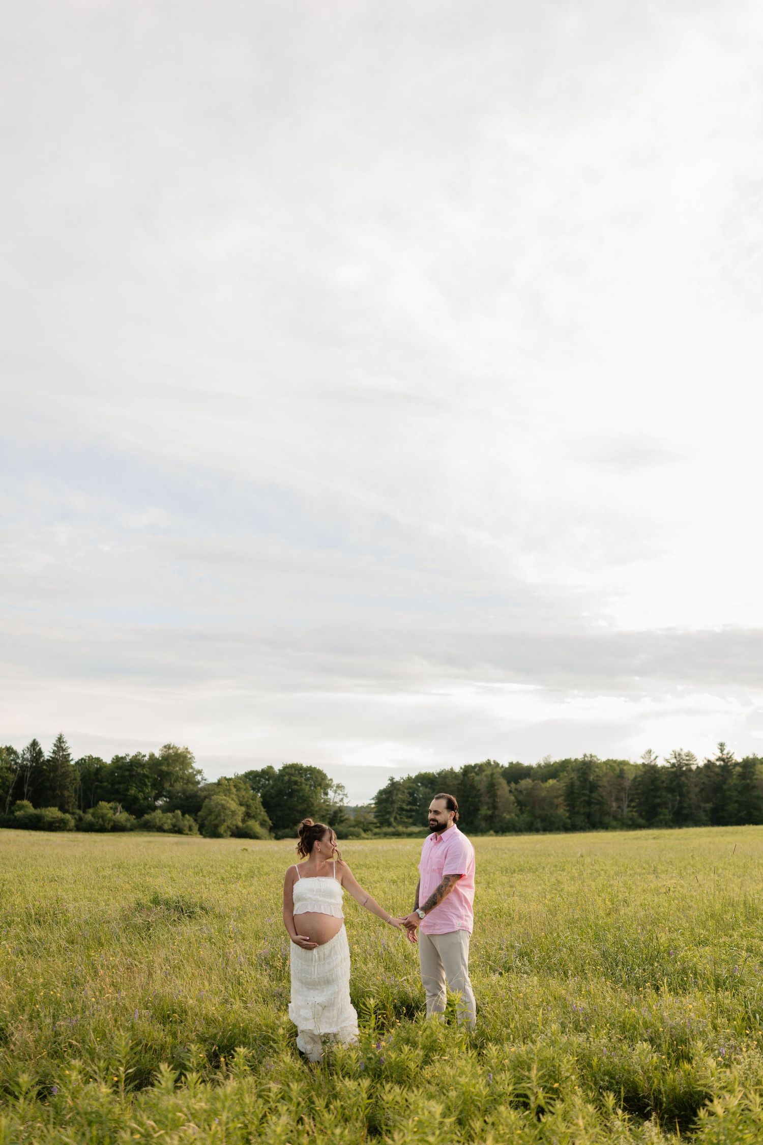 Pregnant couple holding hands in a lush green field with trees and cloudy sky backdrop.