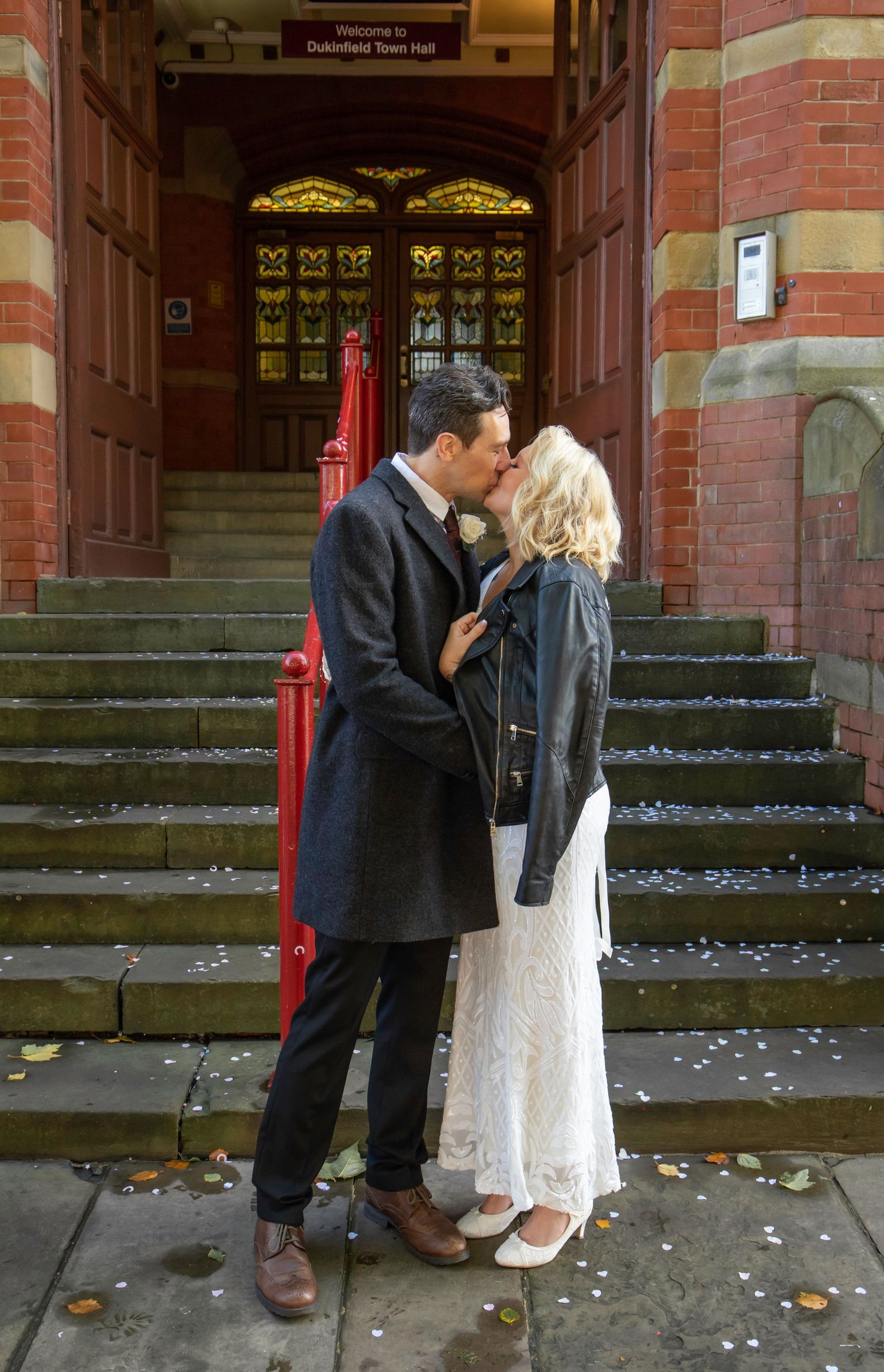 Wedding portrait sequence on brick church steps with confetti scattered around.