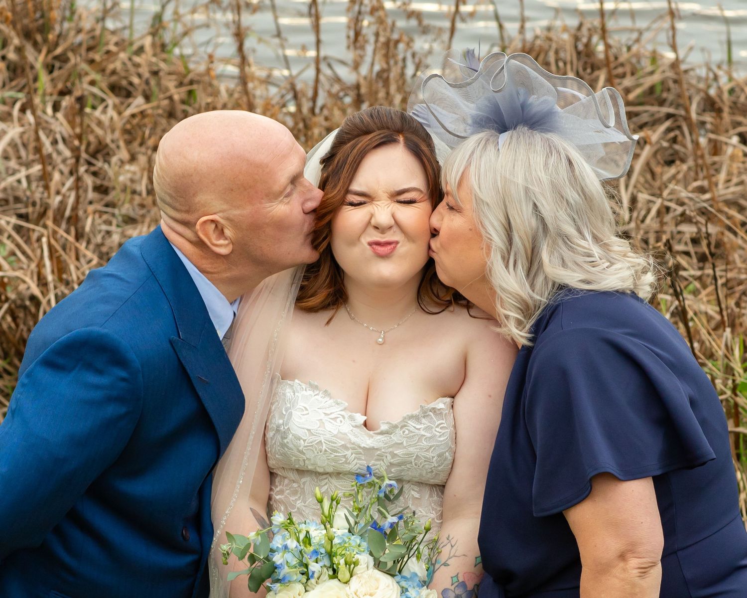 A romantic wedding photo series showing tender moments between a couple with a beautiful bouquet of white flowers.