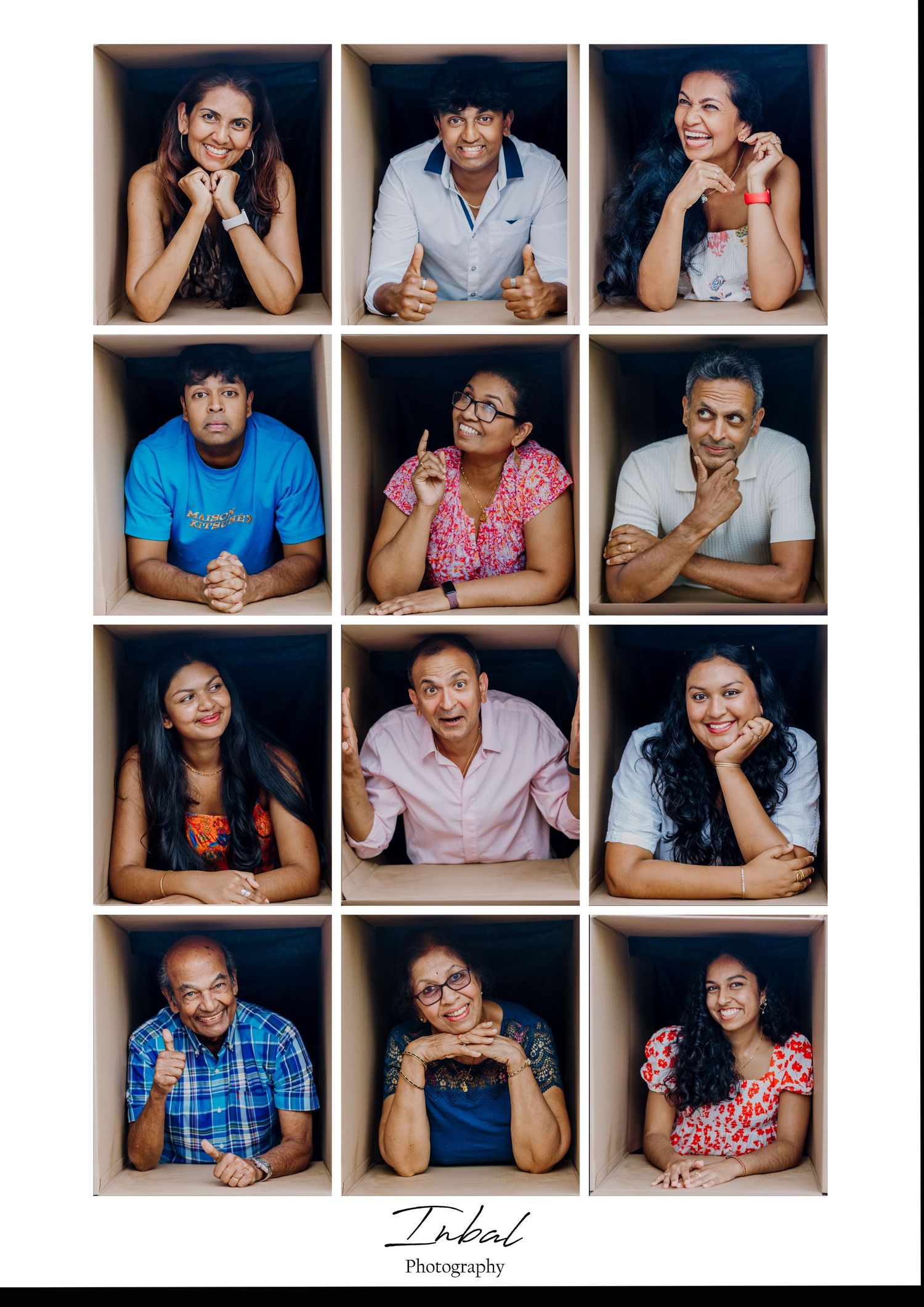 A photoshoot of 12 family members inside a box, creatively combined into one unique collage.