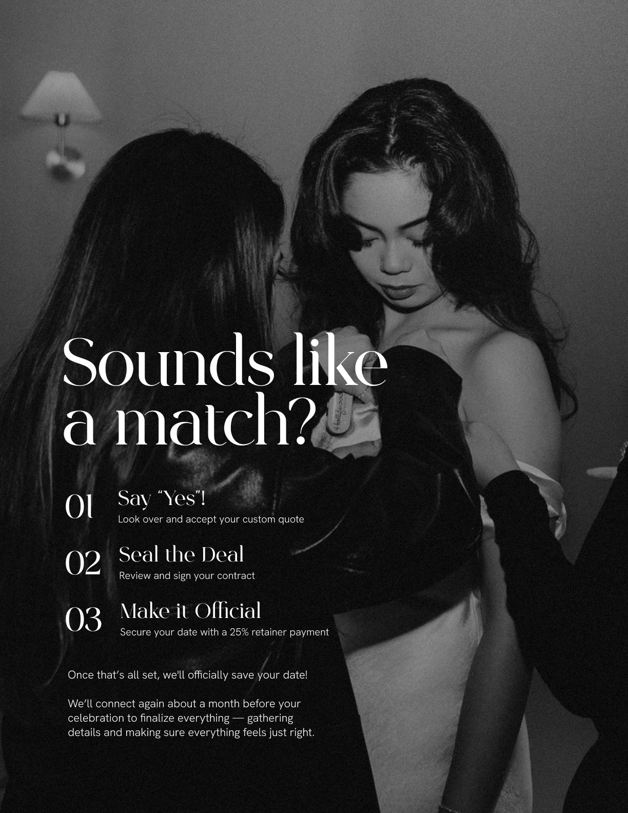 Black and white editorial page layout showing romantic couple with song playlist design elements.