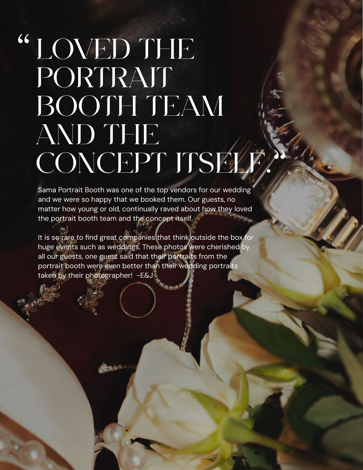 A blurred portrait booth testimonial quote over an elegant wedding reception table setting with white flowers.