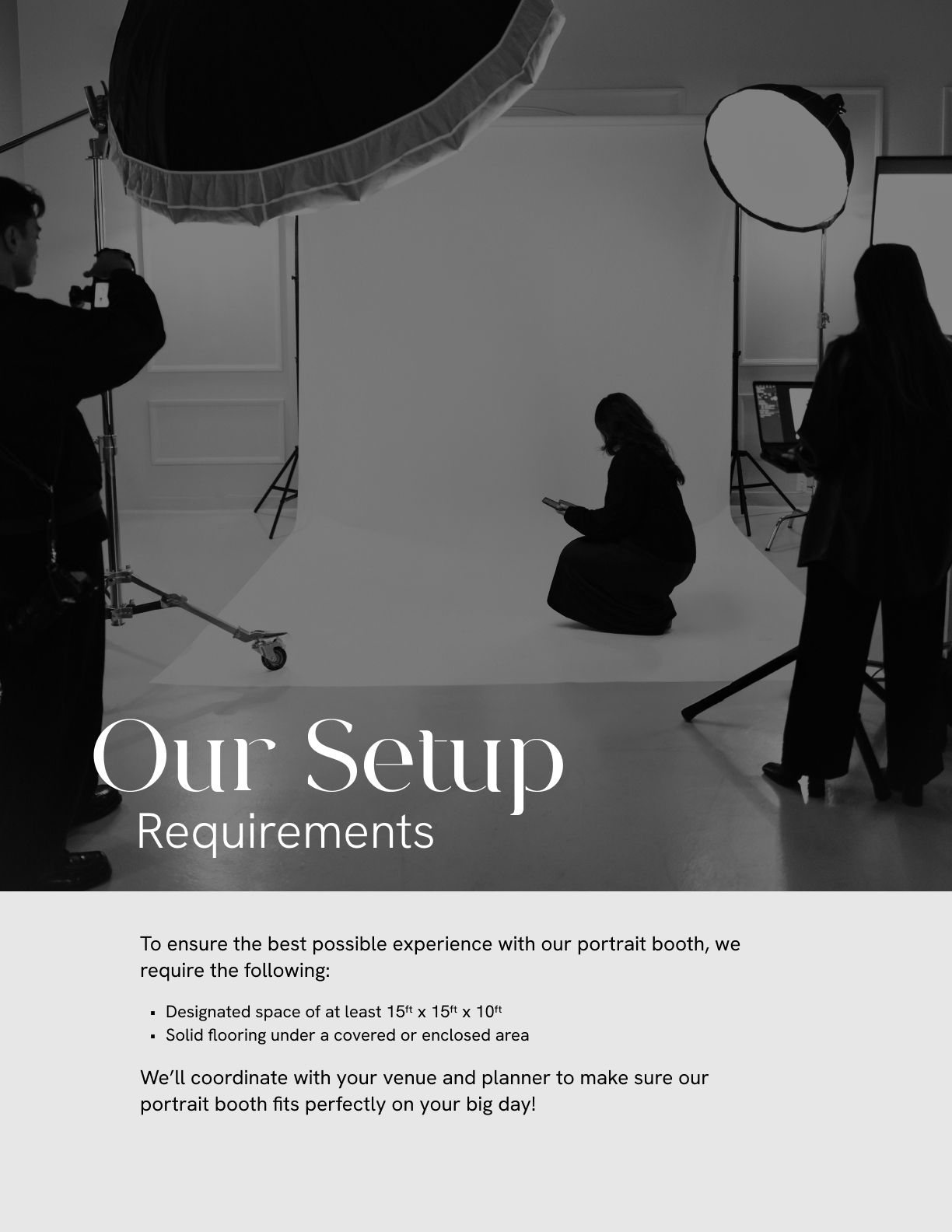 A black and white photo of a photography studio setup with lighting equipment and backdrop requirements.