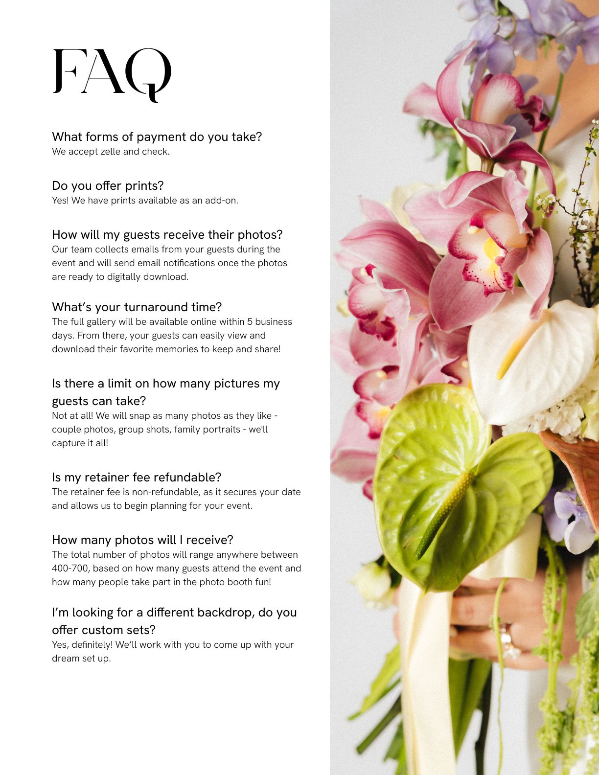 FAQ page with text displayed alongside a floral arrangement of pink flowers and green leaves.