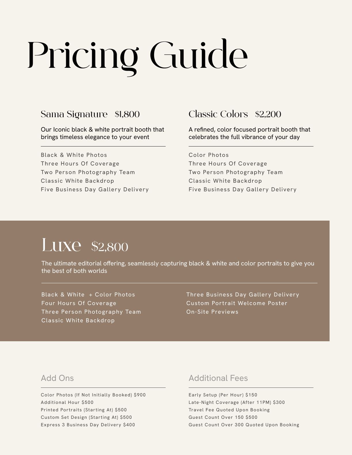 A minimalist photography pricing guide showing three tiers - Soma Signature, Luxe, and Classic Colors with costs and service details.