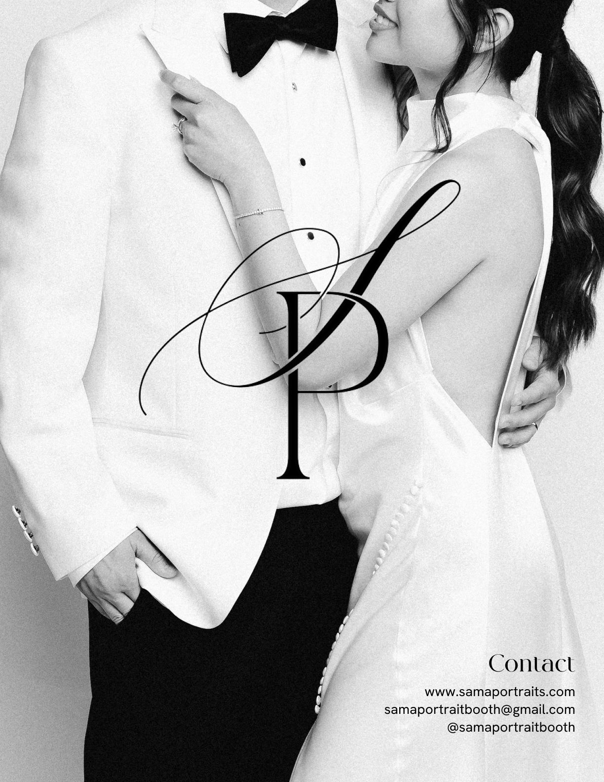Elegant black and white photo of couple in formal wear with stylized P monogram and contact information.