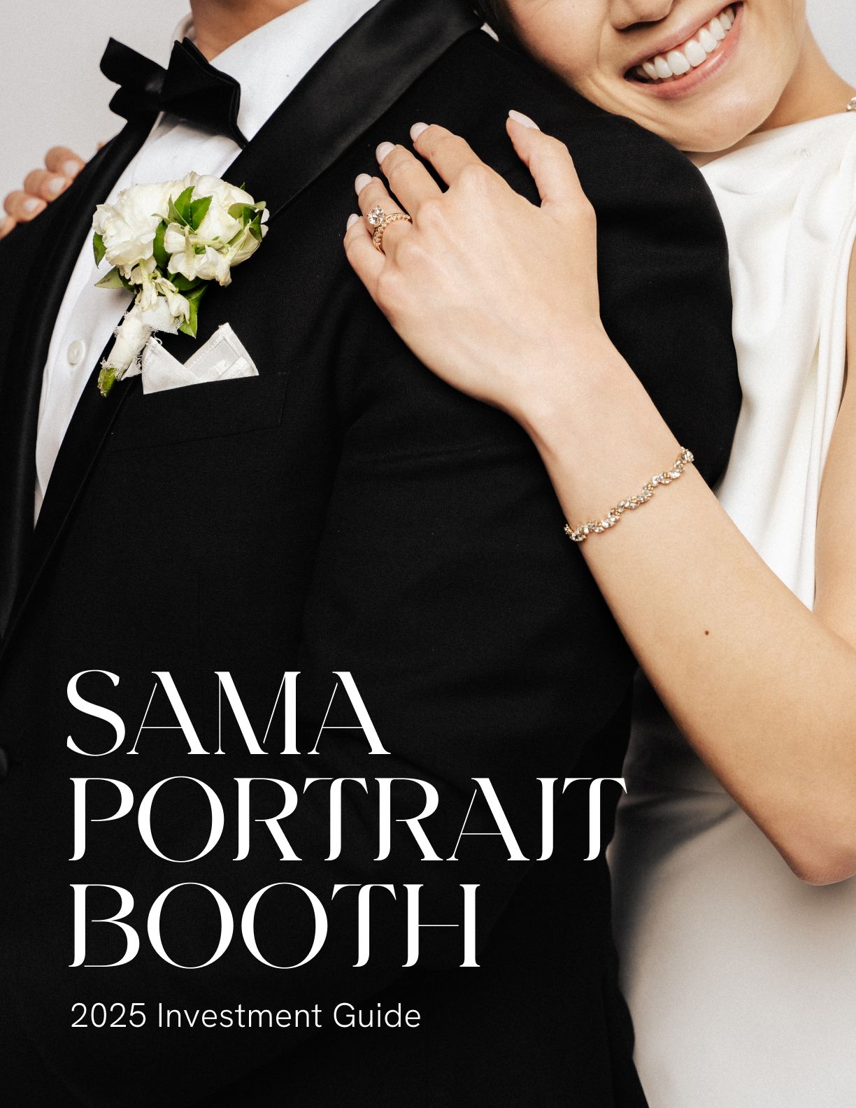 Close-up of wedding couple showing boutonniere, ring and bracelet details from portrait session.