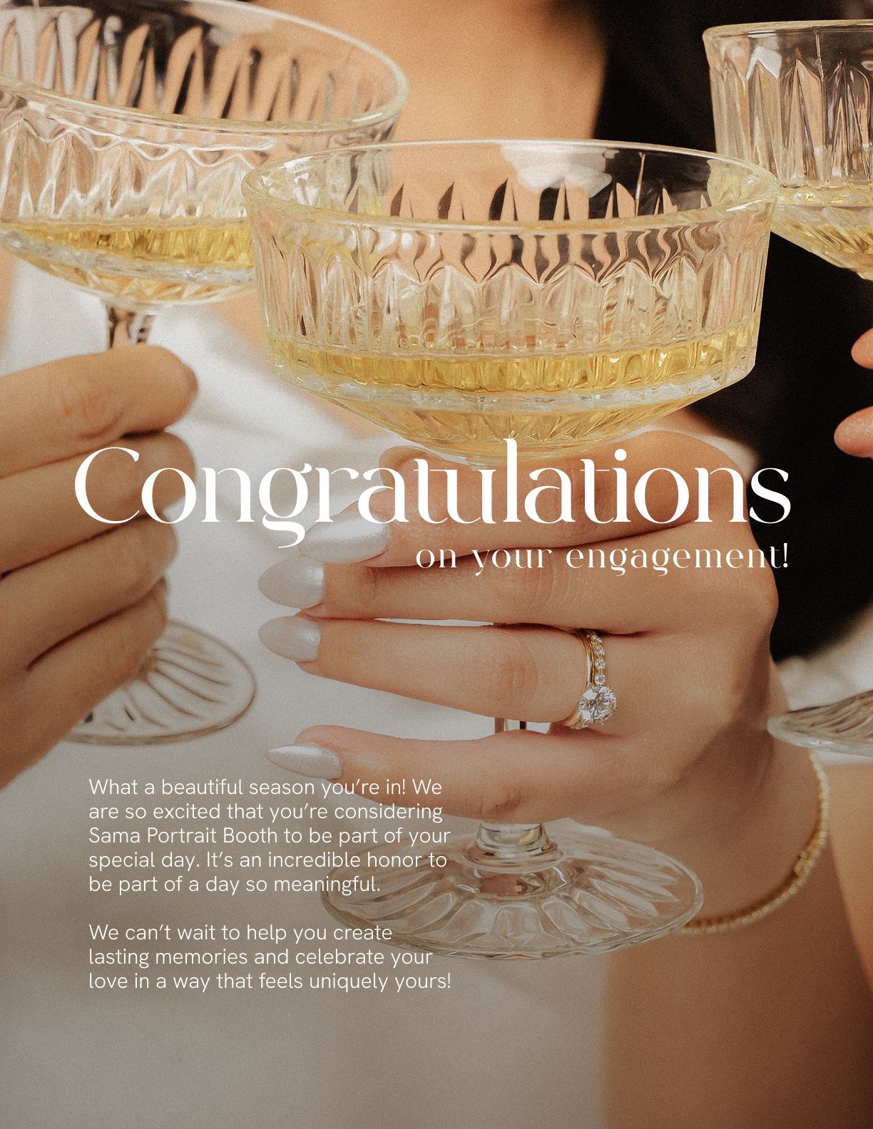 Three vintage champagne glasses with a ring being showcased in an engagement celebration photograph.